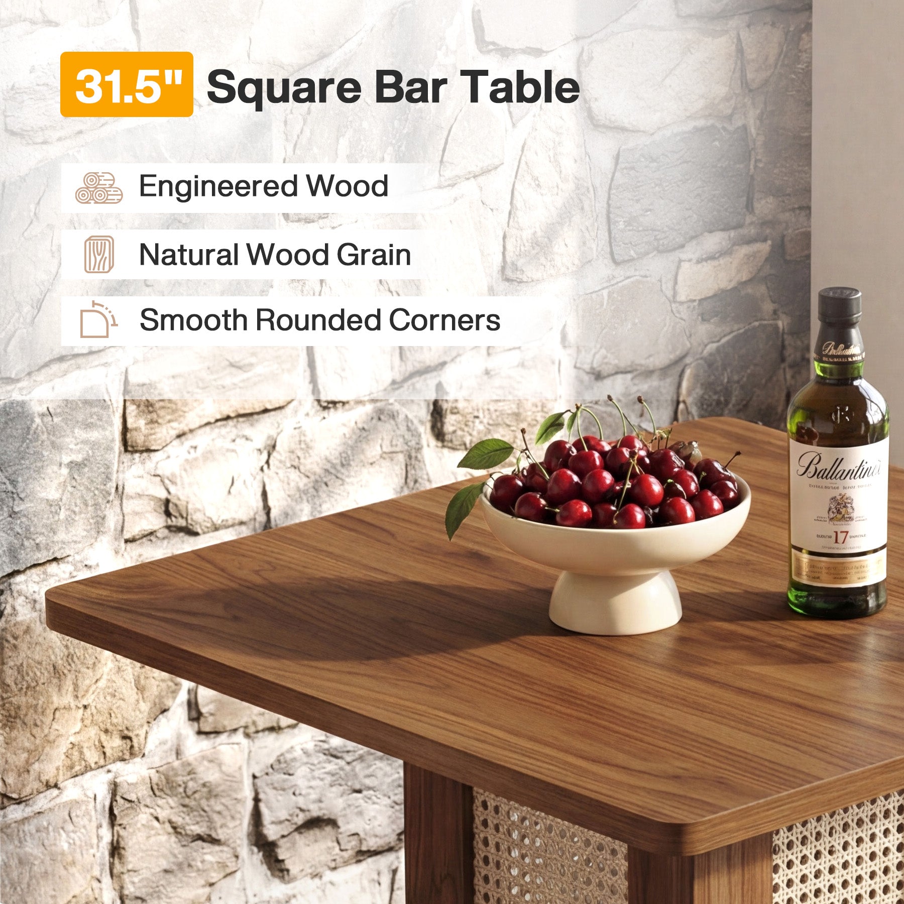 Tribesigns Mesa de bar cuadrada de estilo rústico, Mesa alta compacta con aspecto de ratán y reposapiés de metal