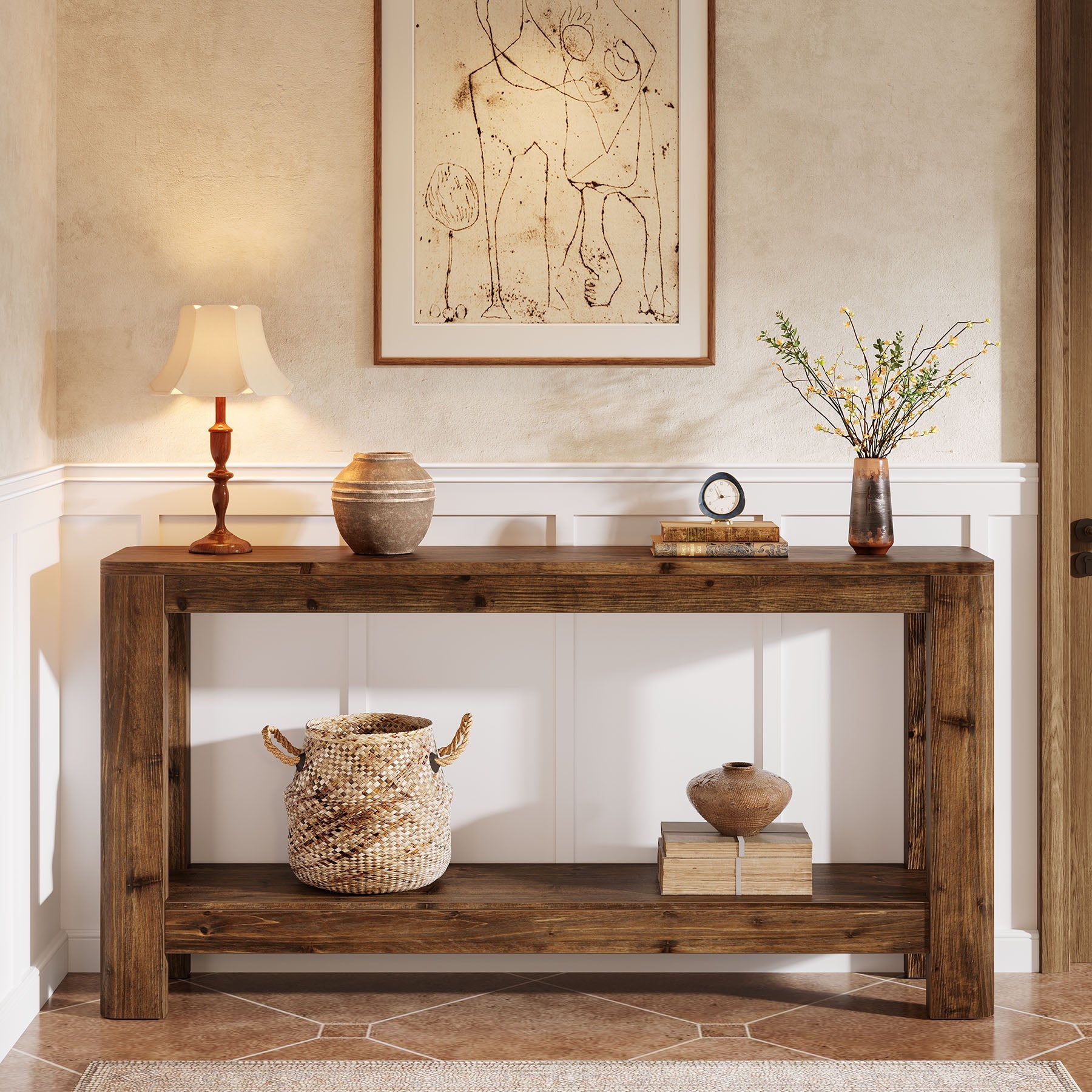 Tribesigns Mesa consola de madera maciza de 160 cm, Mesa auxiliar estrecha de estilo rústico con estante
