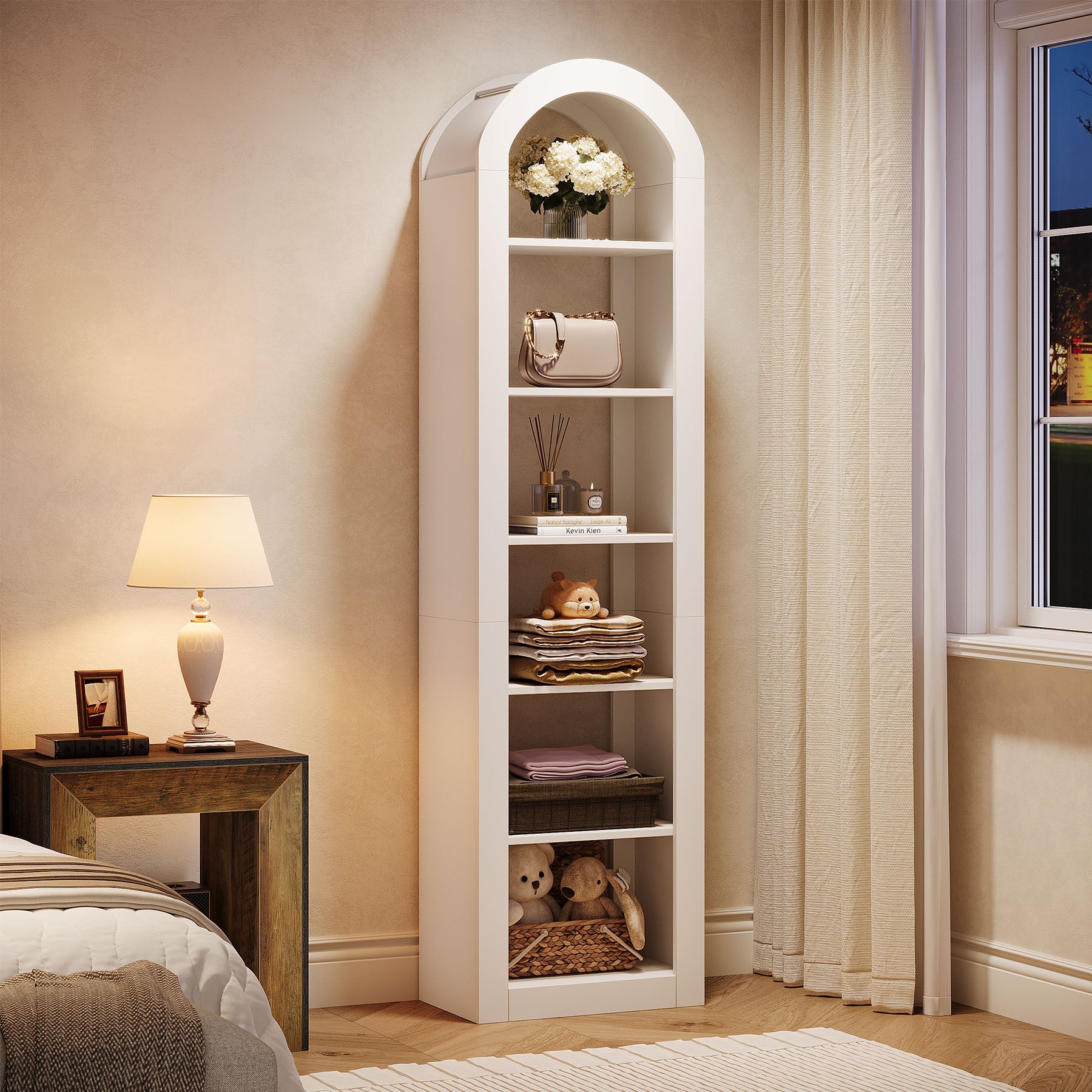 Tribesigns Librería alta de 190 cm con forma arqueada, Estante independiente estrecho de 6 niveles