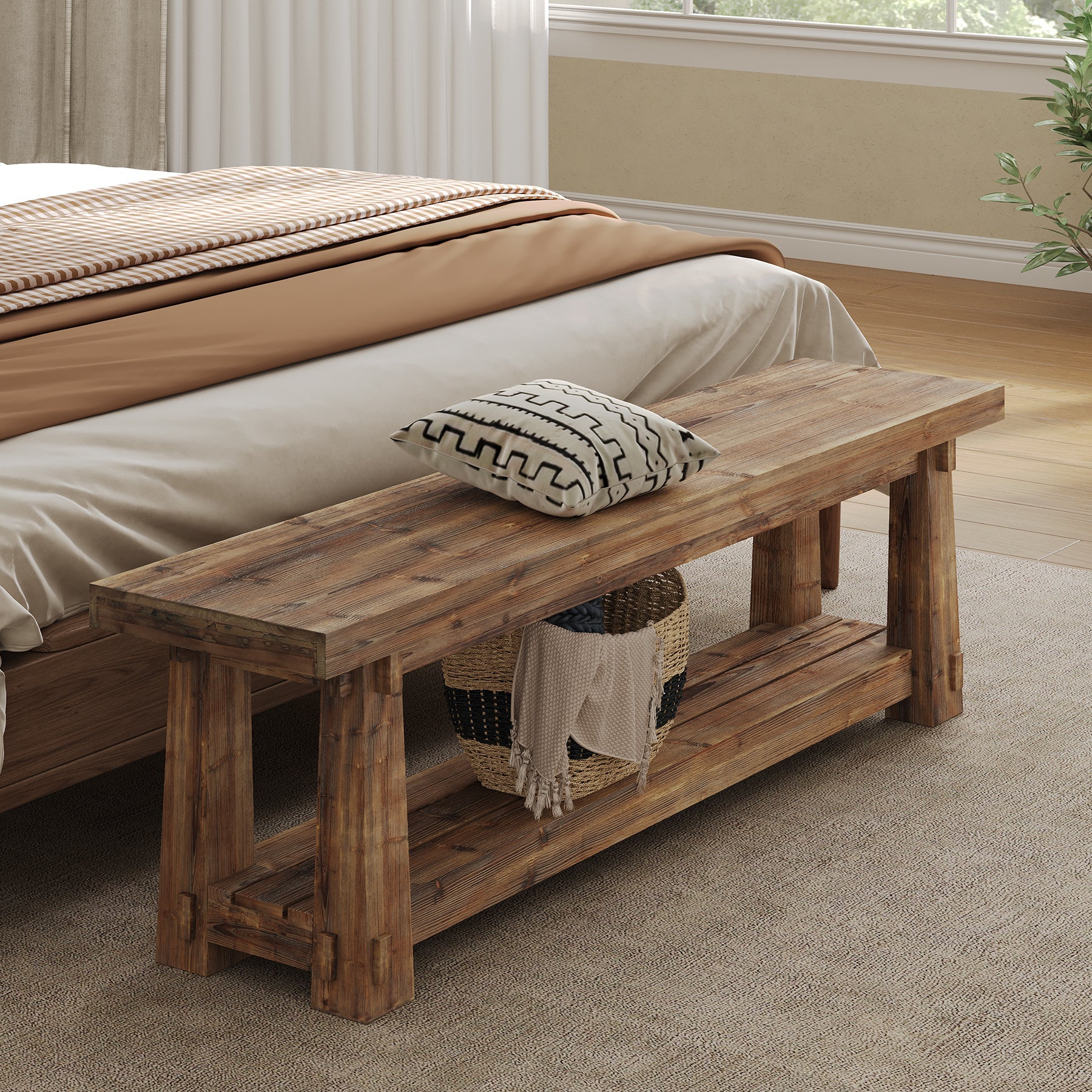 Tribesigns Banco de madera maciza con espacio para guardar zapatos, Banco de pasillo de 140 cm con estante