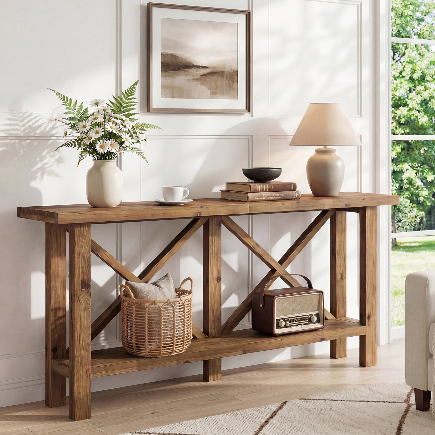 Mesa consola estrecha de 180 cm, Mesa de recibidor de madera maciza de 2 niveles