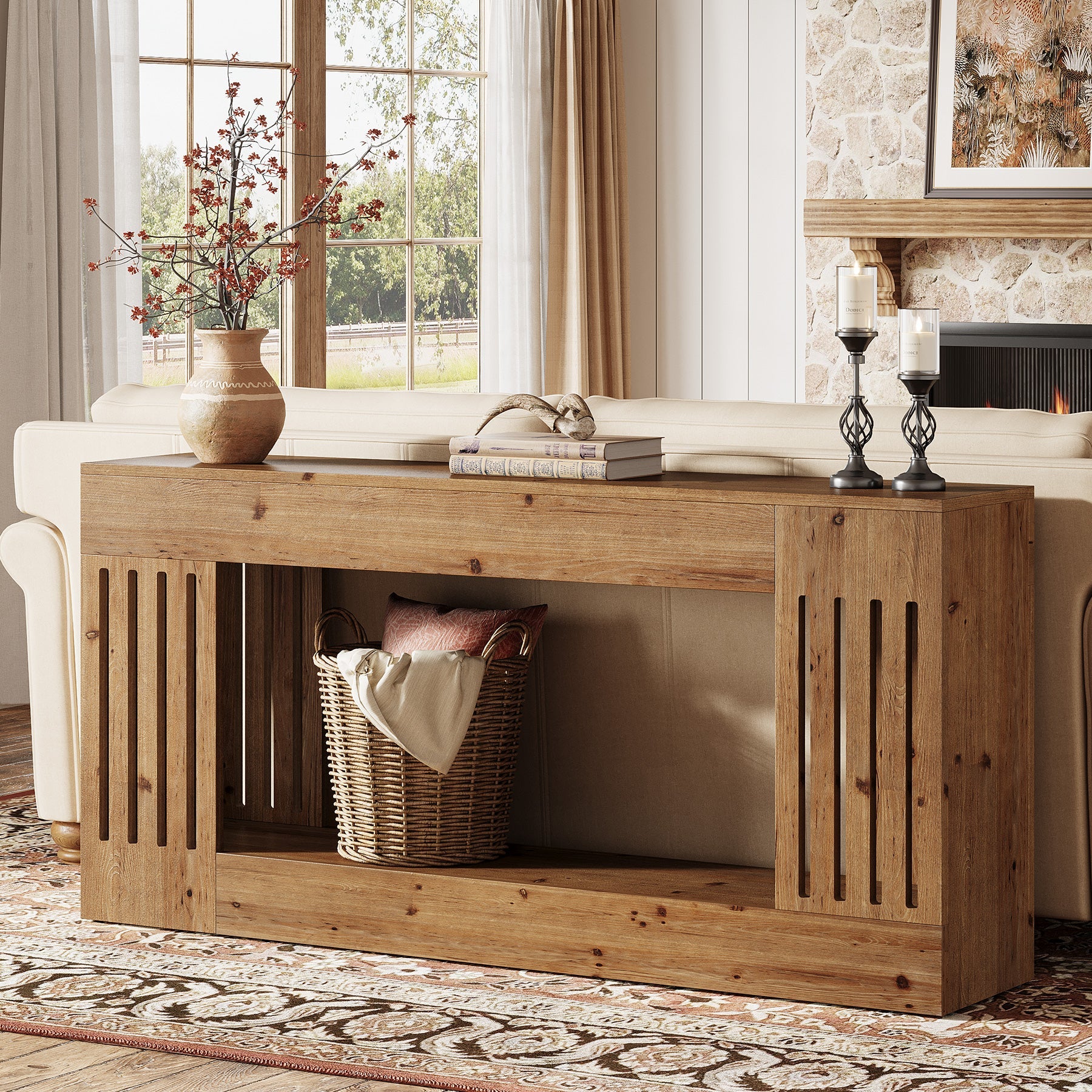 Tribesigns Consola de madera maciza de 160 cm, Mesa de sofá detrás del sofá con compartimento de almacenamiento