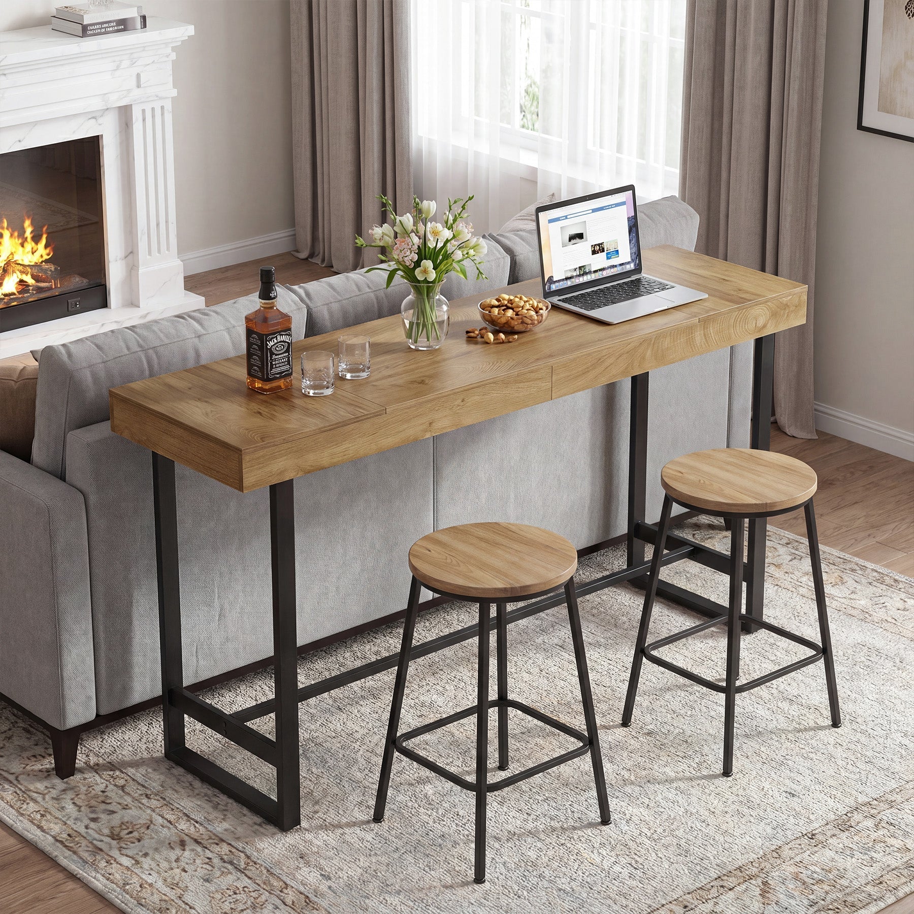 Tribesigns Mesa de bar de 180 cm, Mesa alta con estructura metálica y reposapiés