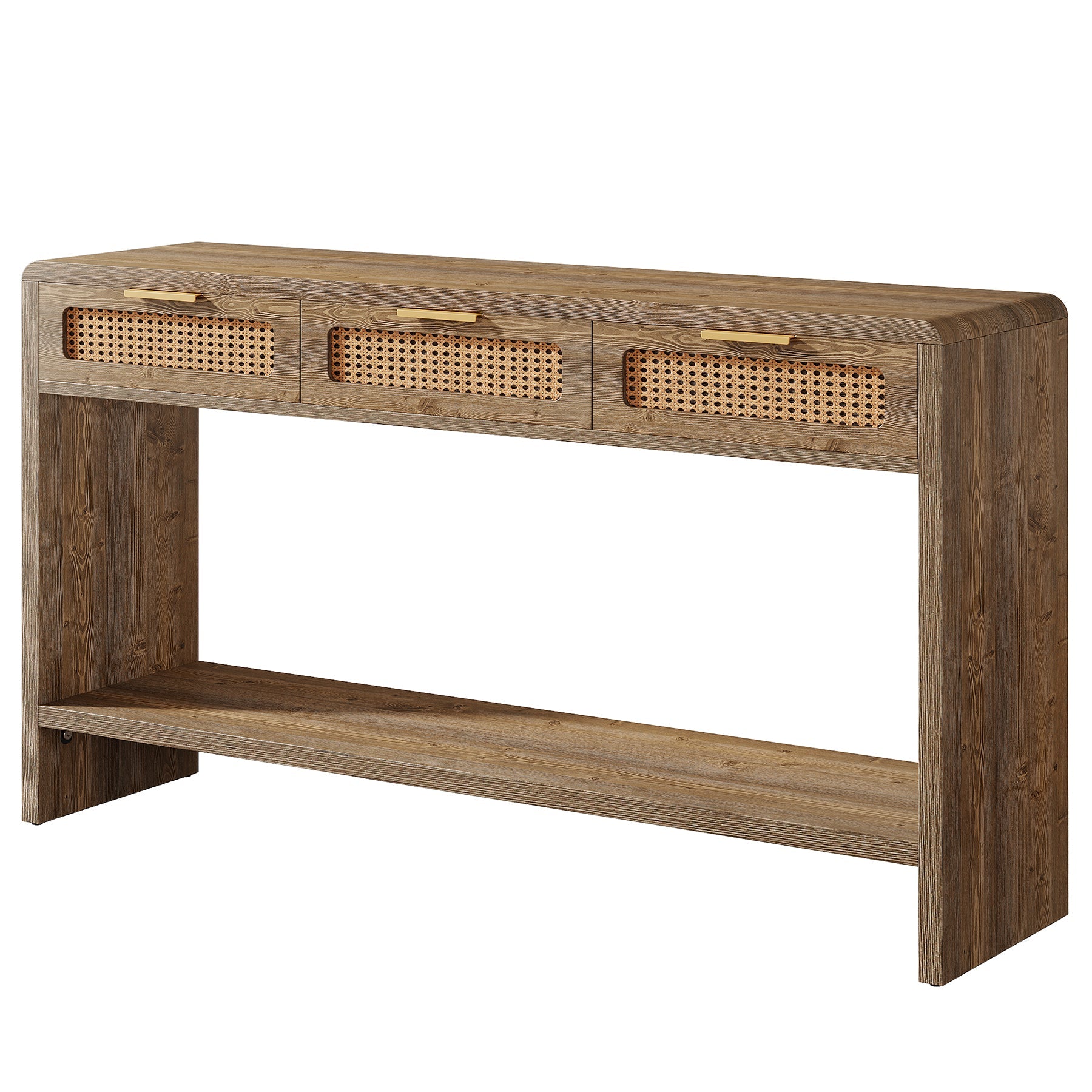 Tribesigns Consola de 140 cm con 3 cajones de ratán, Mesa de sofá estrecha con 2 estantes
