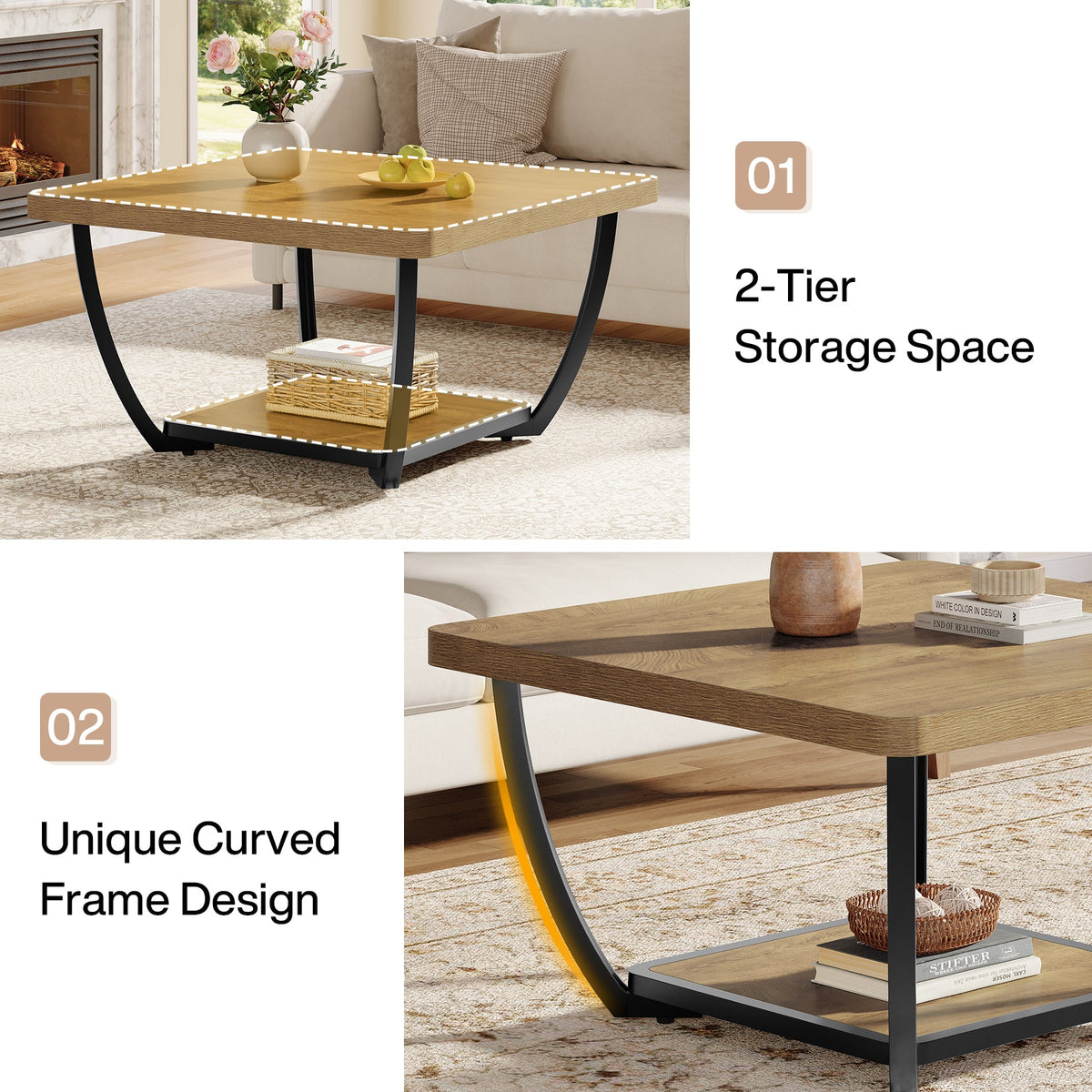 Tribesigns Mesa de centro cuadrada de 80 cm con estante, Mesa de salón de dos niveles con estructura metálica