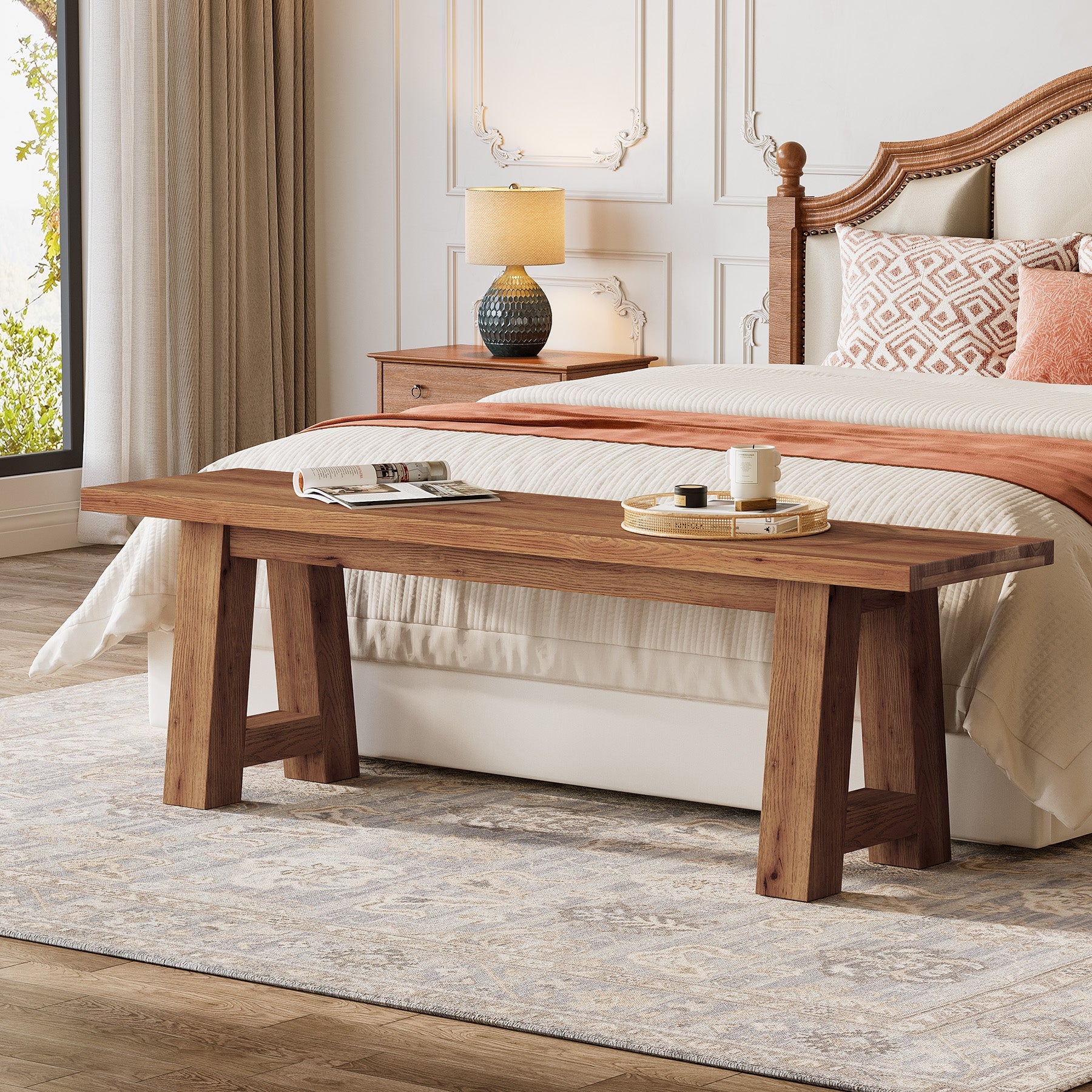 Banco de madera maciza de 140 cm de estilo rústico, Banco largo de entrada fabricado en madera natural