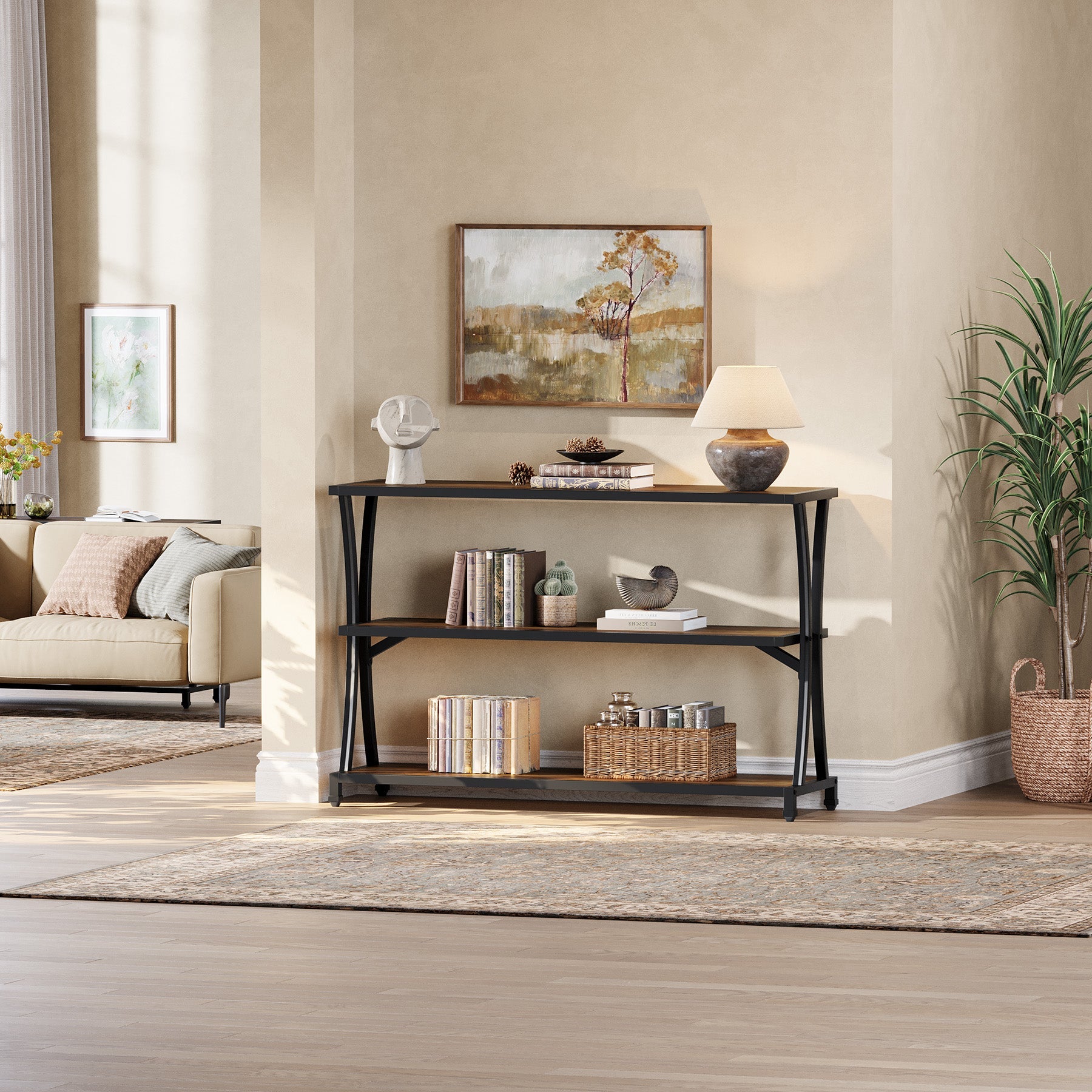 Tribesigns Consola estrecha de estilo industrial con 3 estantes, Mesa de recibidor y de sofá en imitación madera con estructura de metal resistente