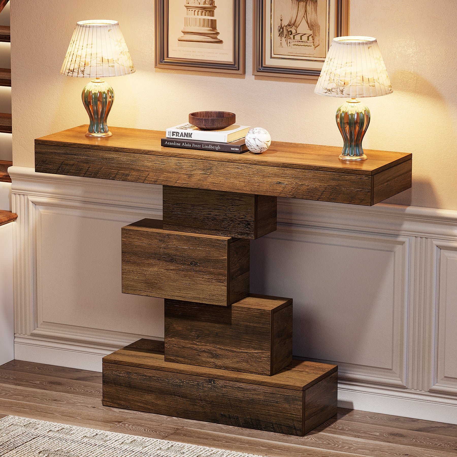 Tribesigns Consola de 108 cm, Mesa auxiliar de madera para sofá con base geométrica