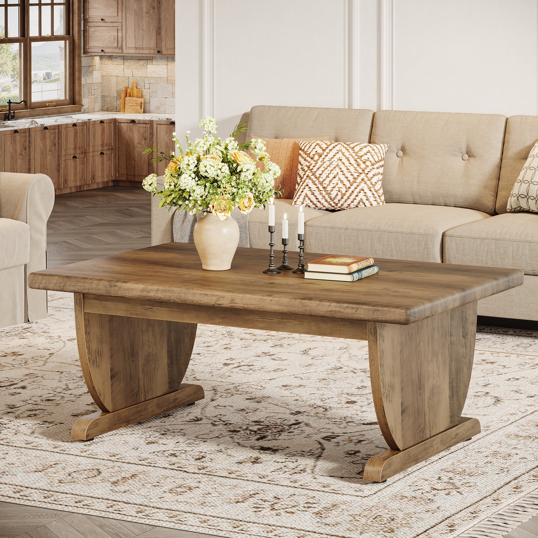 Tribesigns Mesa de centro rectangular de 120 cm, Estilo rústico de madera y con pata central resistente