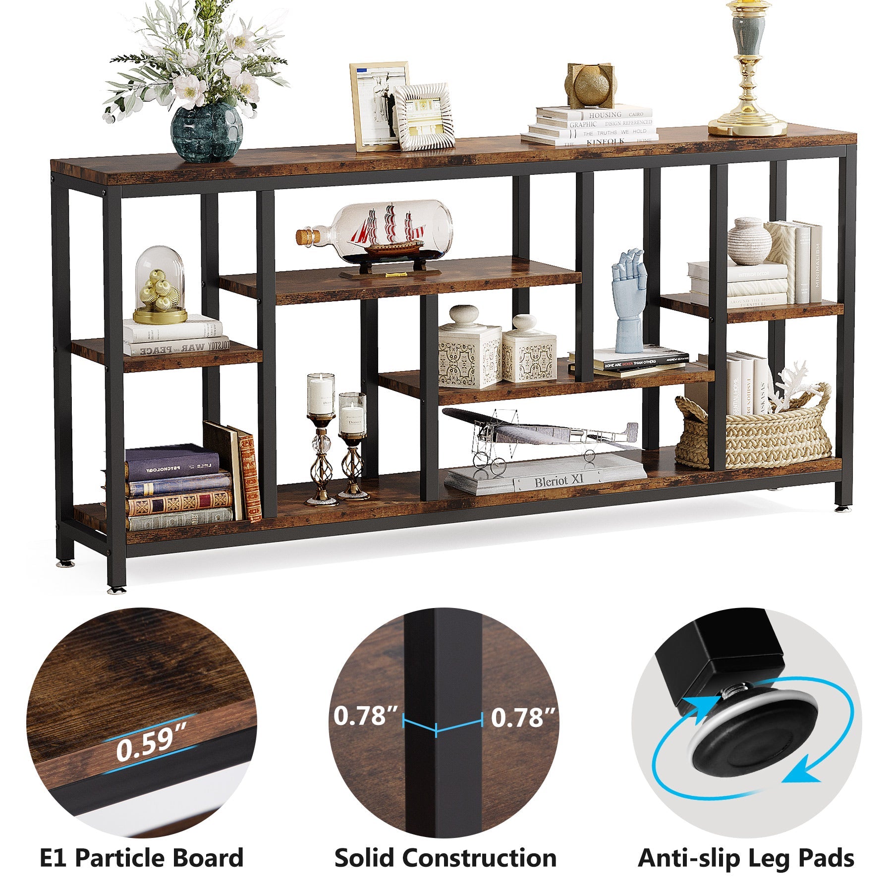 Consola industrial Tribesigns de 180 x 30 cm con almacenamiento de 3 niveles, Mesa auxiliar estrecha para colocar detrás del sofá