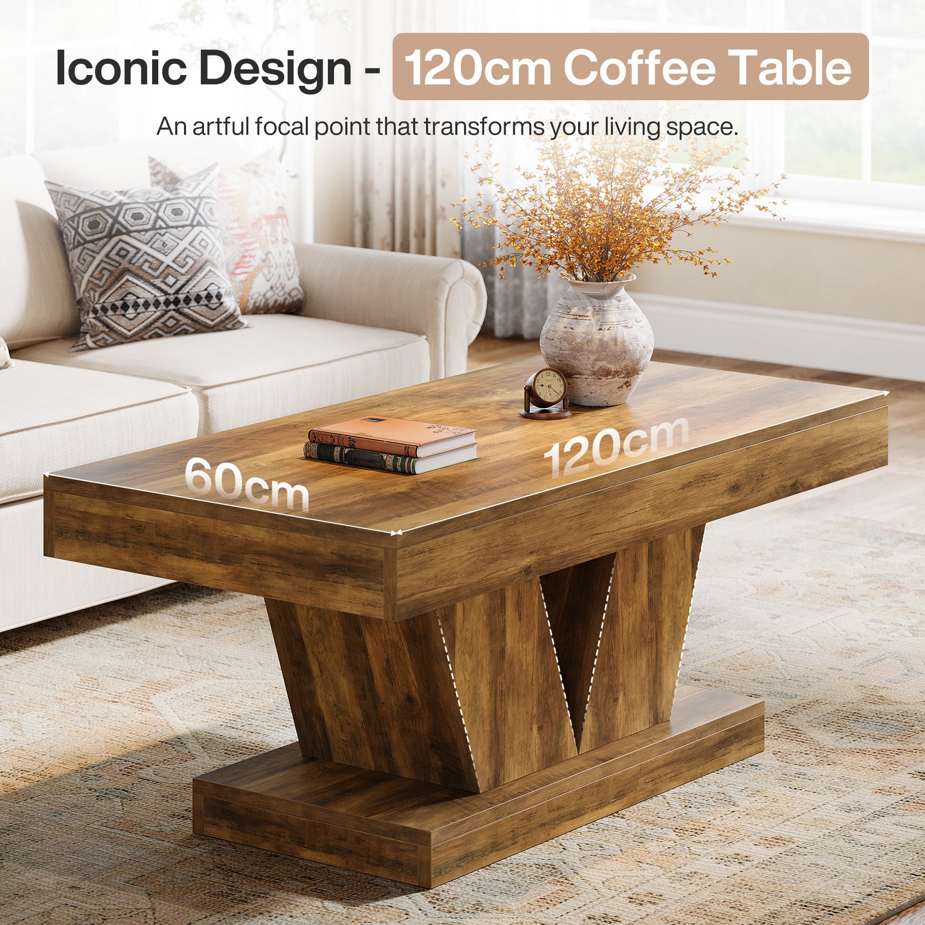 Tribesigns Mesa de centro rectangular de 120 cm de estilo mid century, Mesa de salón en imitación madera con base maciza y base en forma de V