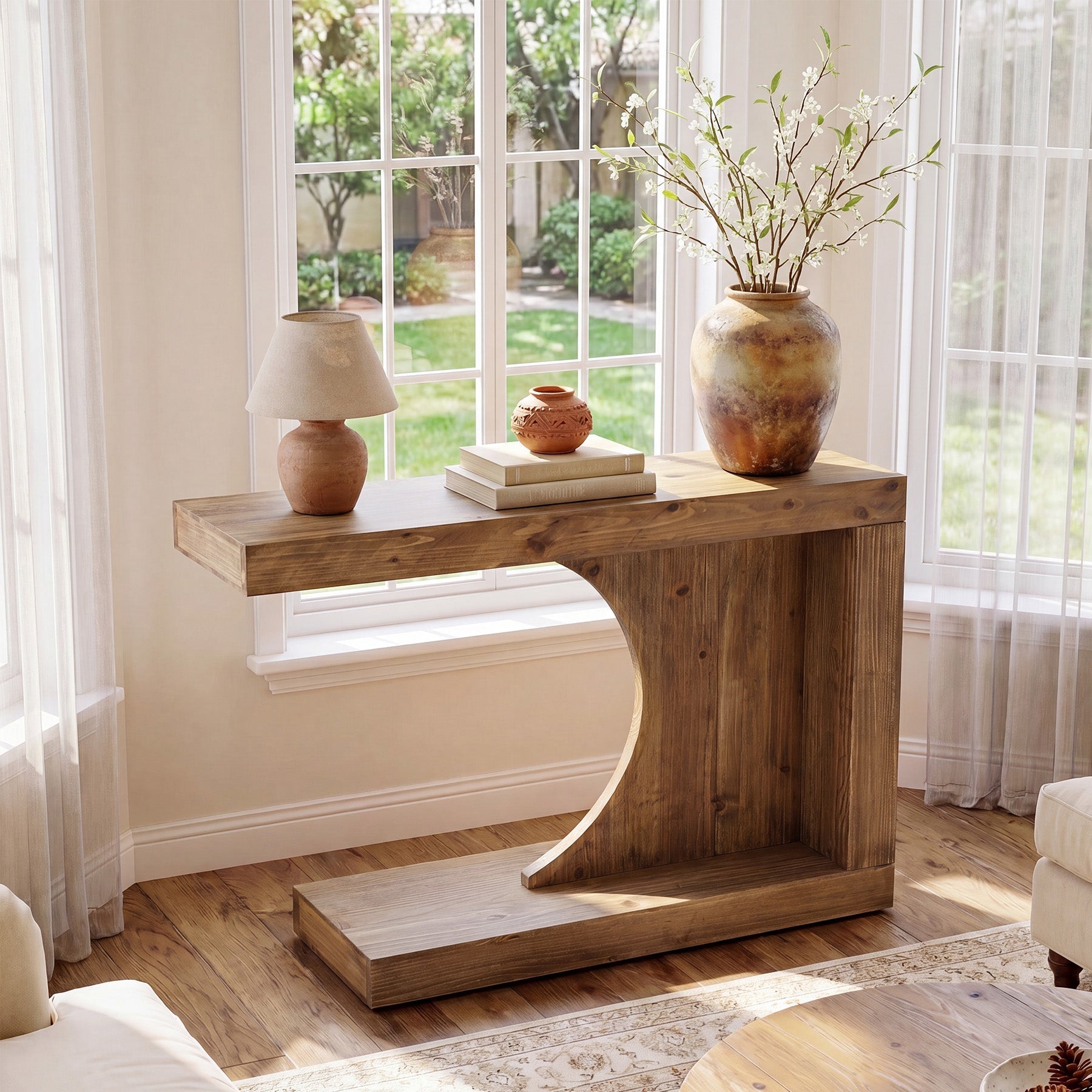 Tribesigns Mesa consola de madera maciza de 100 cm, Mesa de recibidor moderna con diseño en forma de C