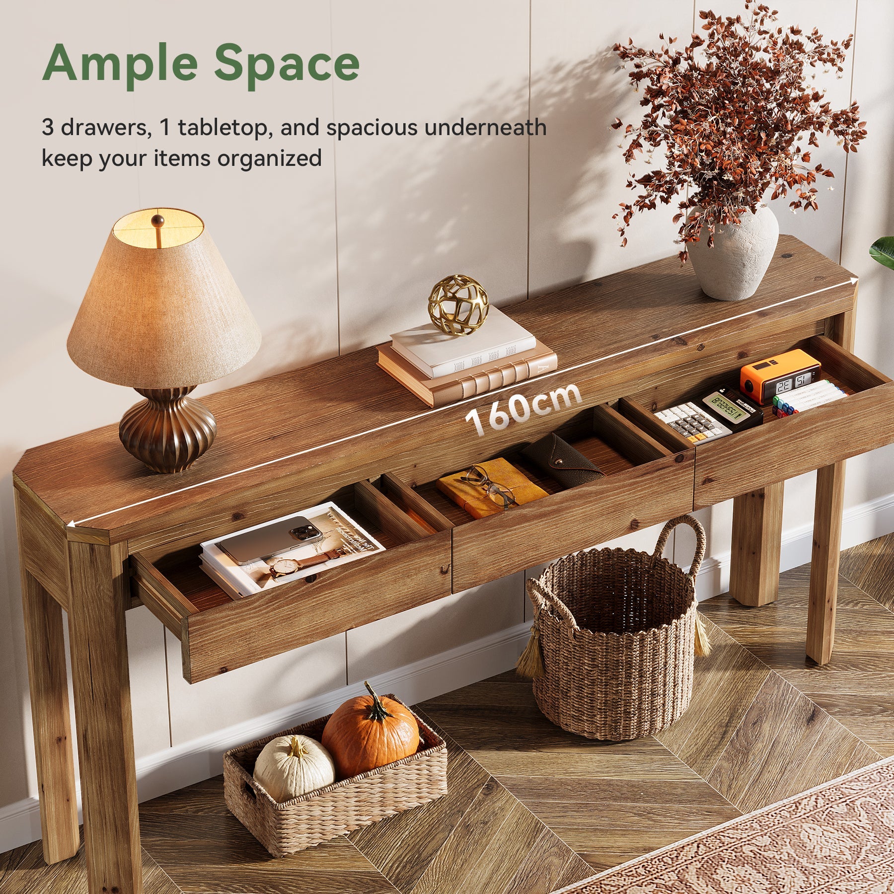 Tribesigns Consola de madera maciza de 160 cm con 3 cajones, Mesa de recibidor y sofá esquinas redondeadas estilo rústico
