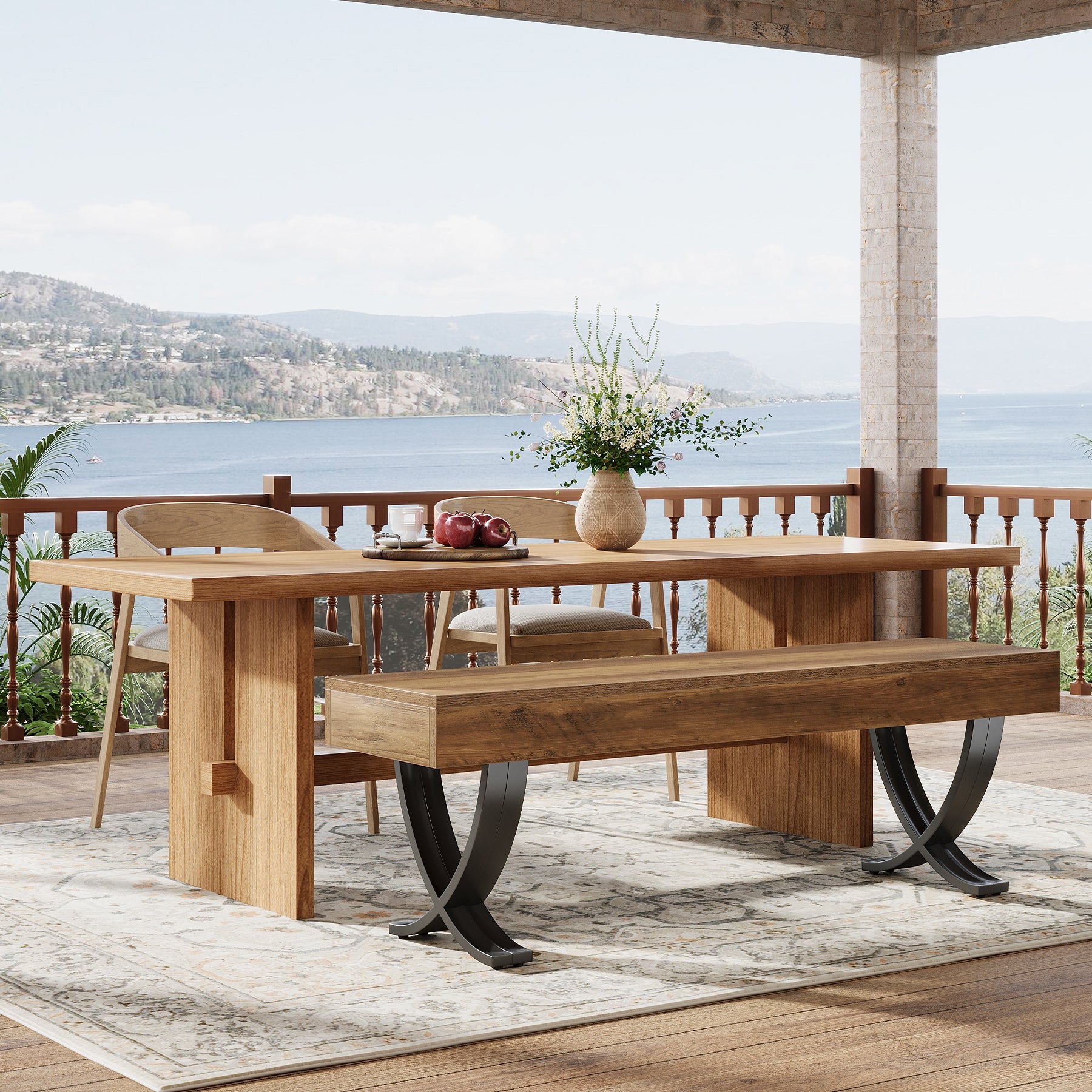 Tribesigns Banco de comedor rústico de 140 cm con tablero de aspecto de madera y patas metálicas en forma de X, Banco de cocina largo para comedor y pasillo