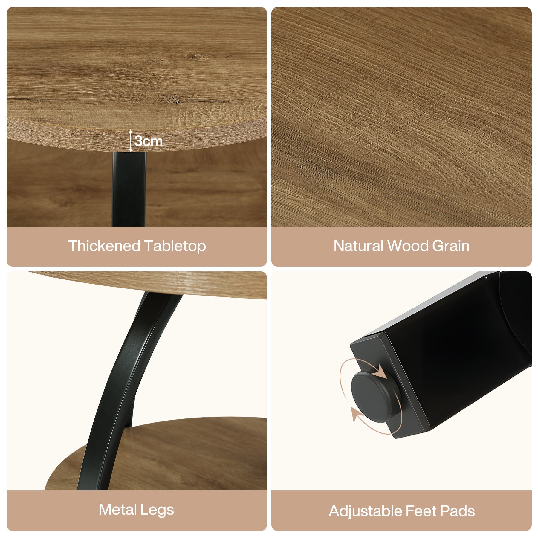 Tribesigns Mesa de centro redonda de 80 cm con 2 estantes, Mesita auxiliar de estilo industrial con patas metálicas