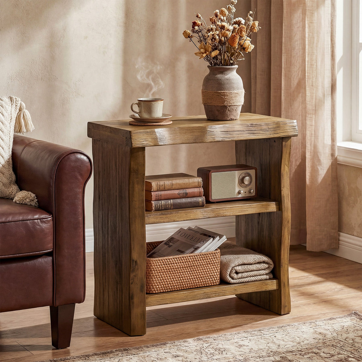 Tribesigns Mesa auxiliar de madera maciza con 3 niveles, Mesa de sofá compacta con borde ondulado