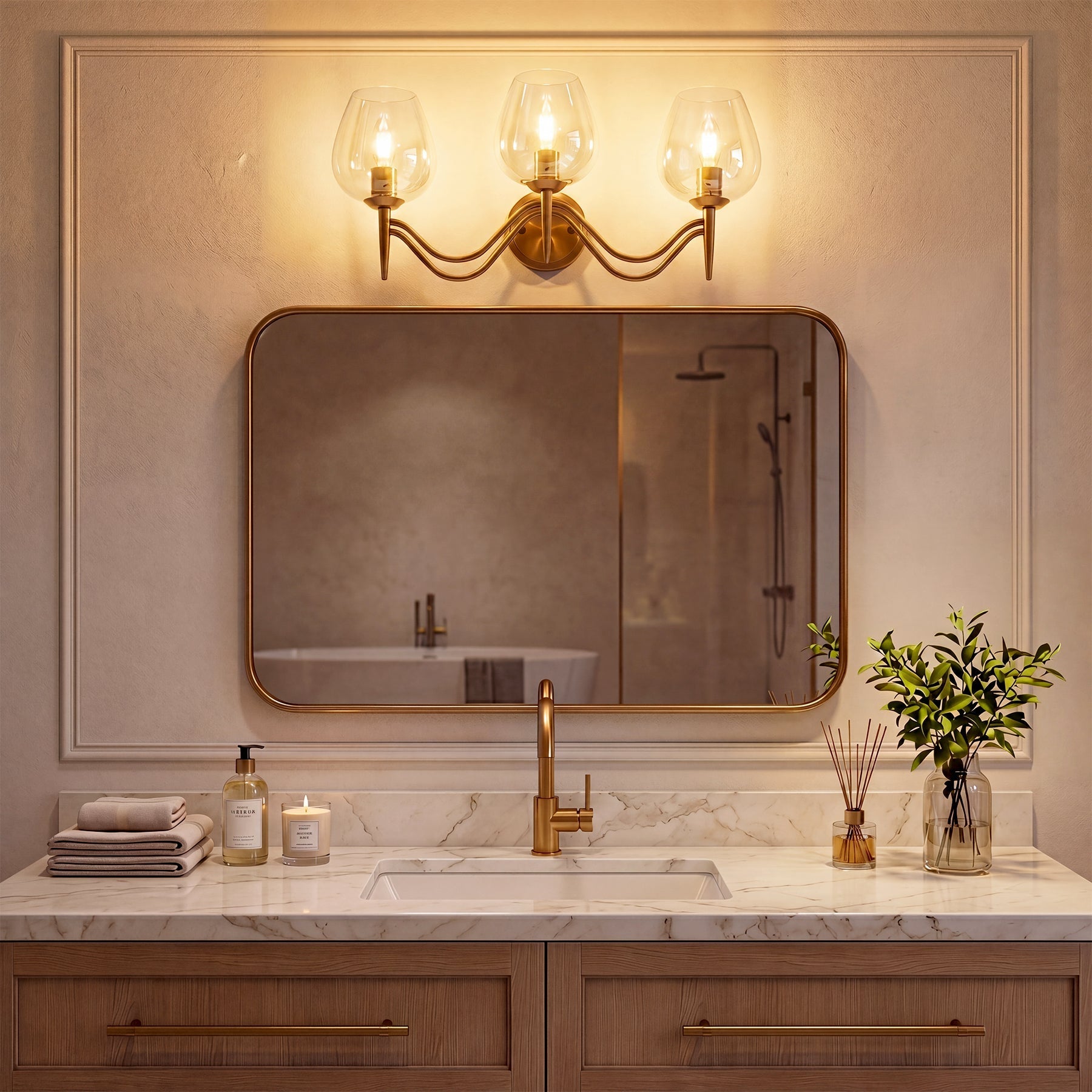 Lámpara de baño de 3 luces 58 cm, de latón con espejo y cristal transparente, casquillo E14