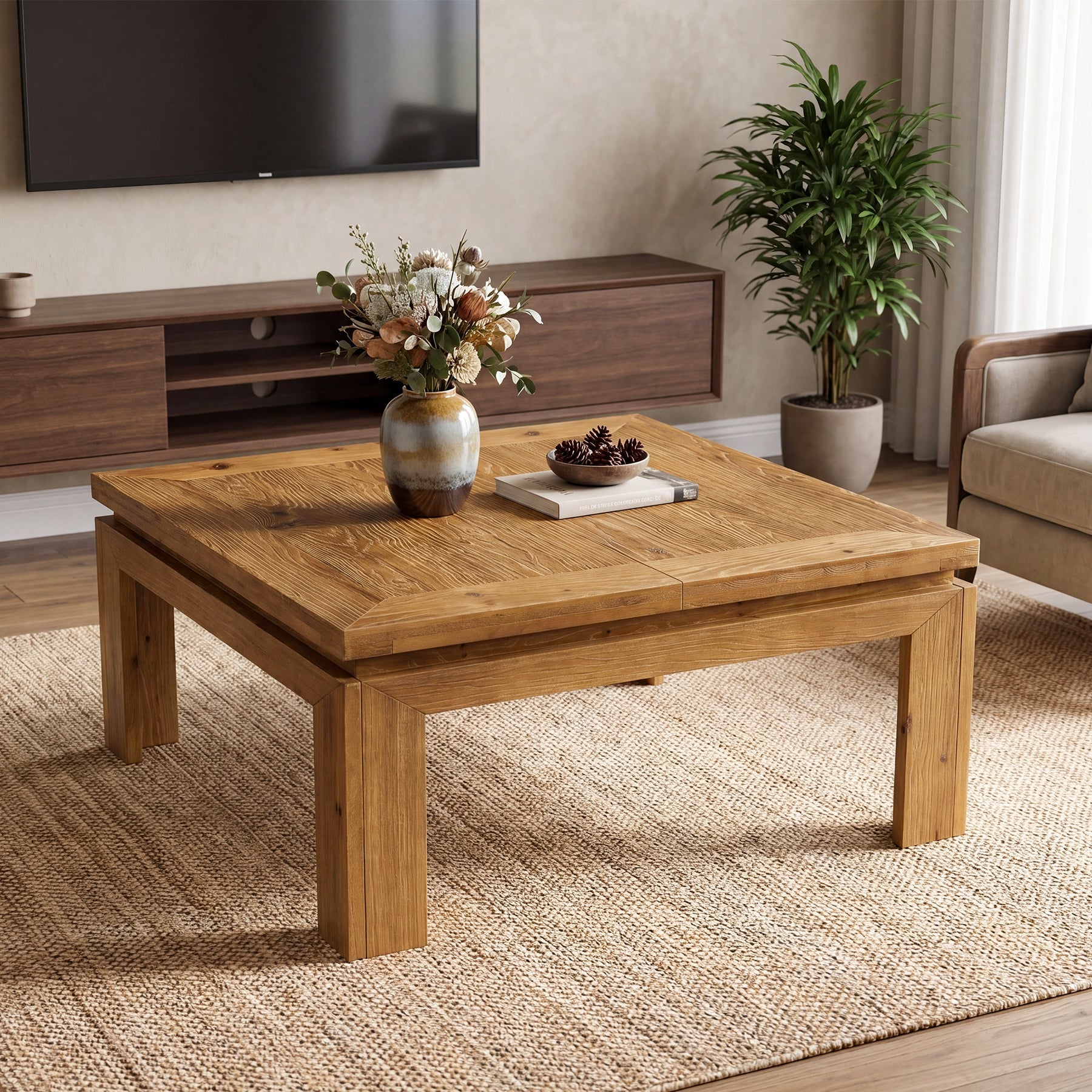 100 x 100 x 46 cm Tribesigns vierkante salontafel van massief hout met verzonken rand, landelijke middentafel voor woonkamer