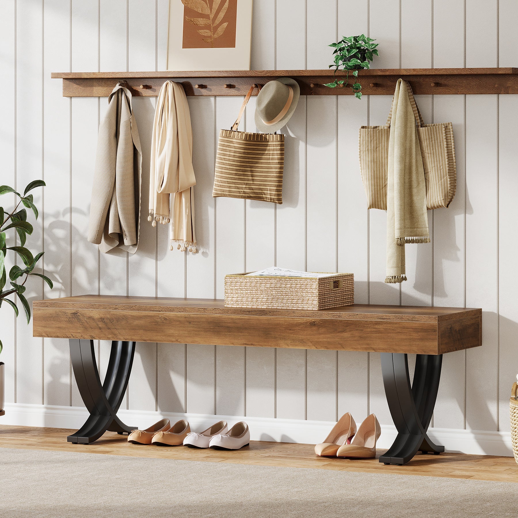 Tribesigns Banco industrial para zapatos de 140 cm con patas metálicas en forma de X, Banco largo para pasillo, dormitorio, sala de estar y recibidor