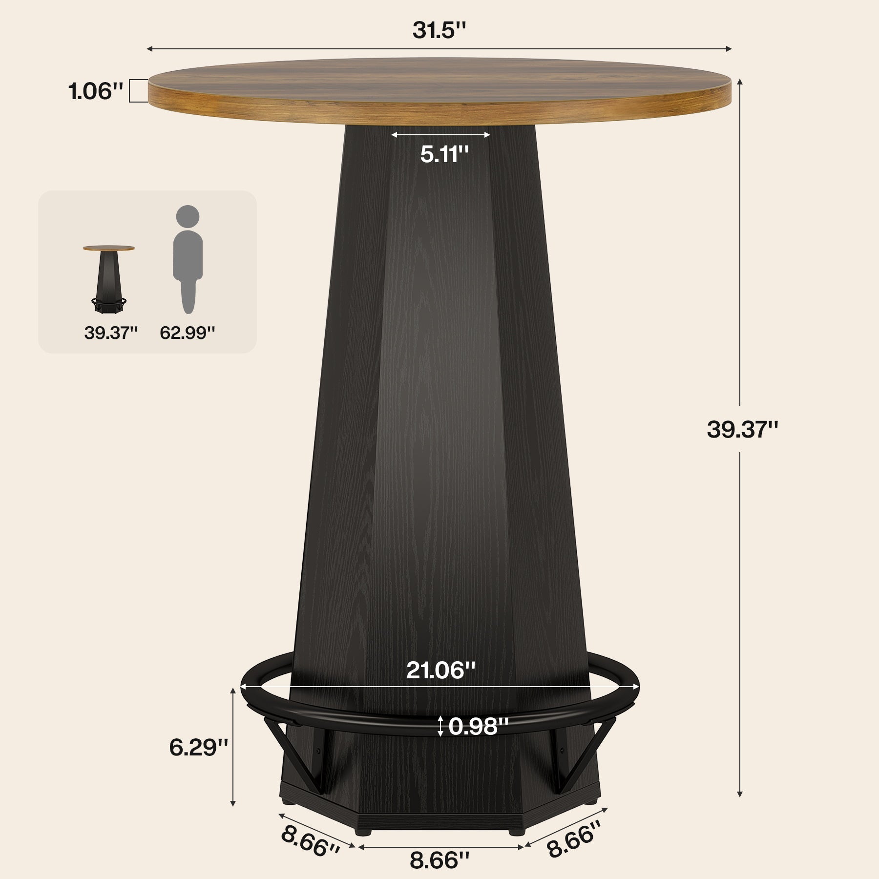 Tribesigns Mesa de bar redonda de 100 cm para 2 personas, Mesa de comedor industrial con reposapiés