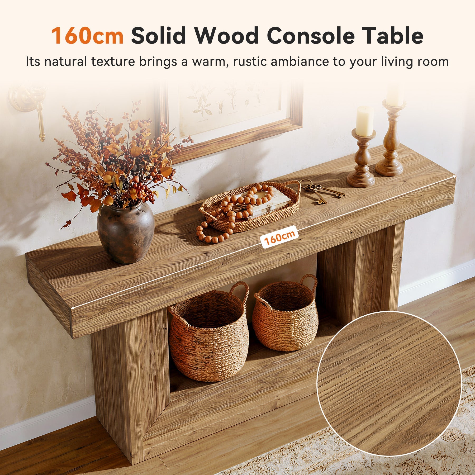 Tribesigns Mesa consola estrecha de madera maciza de 160 cm, Estilo rústico con estructura en forma de U y estante