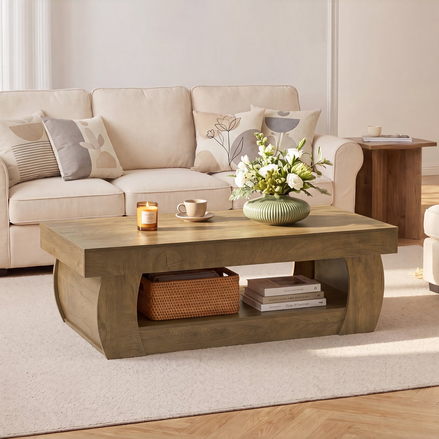 Tribesigns Mesa de centro moderna de 140 cm con estante de almacenamiento abierto, Mesa de salón rectangular con laterales curvos para salón