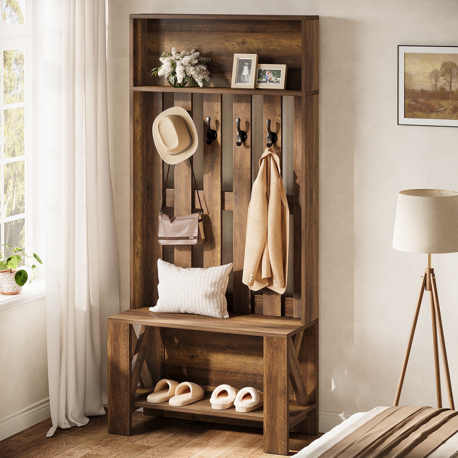 Mueble de recibidor de 180 cm con banco y espacio para guardar zapatos, Perchero estrecho con ganchos para recibidor y entrada
