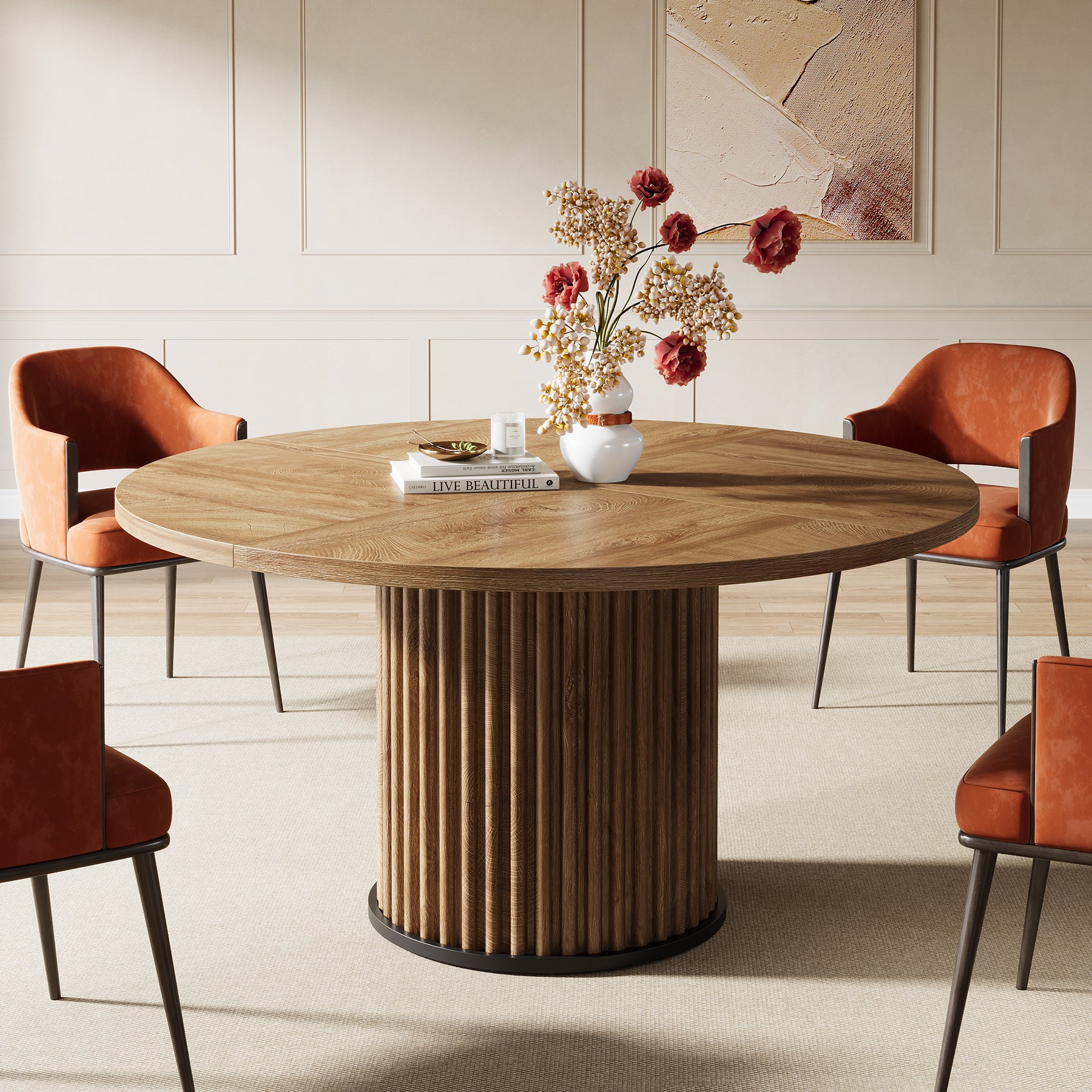 Tribesigns Mesa de comedor redonda de 120 cm, Mesa de cocina de madera con base de metal ranurado resistente