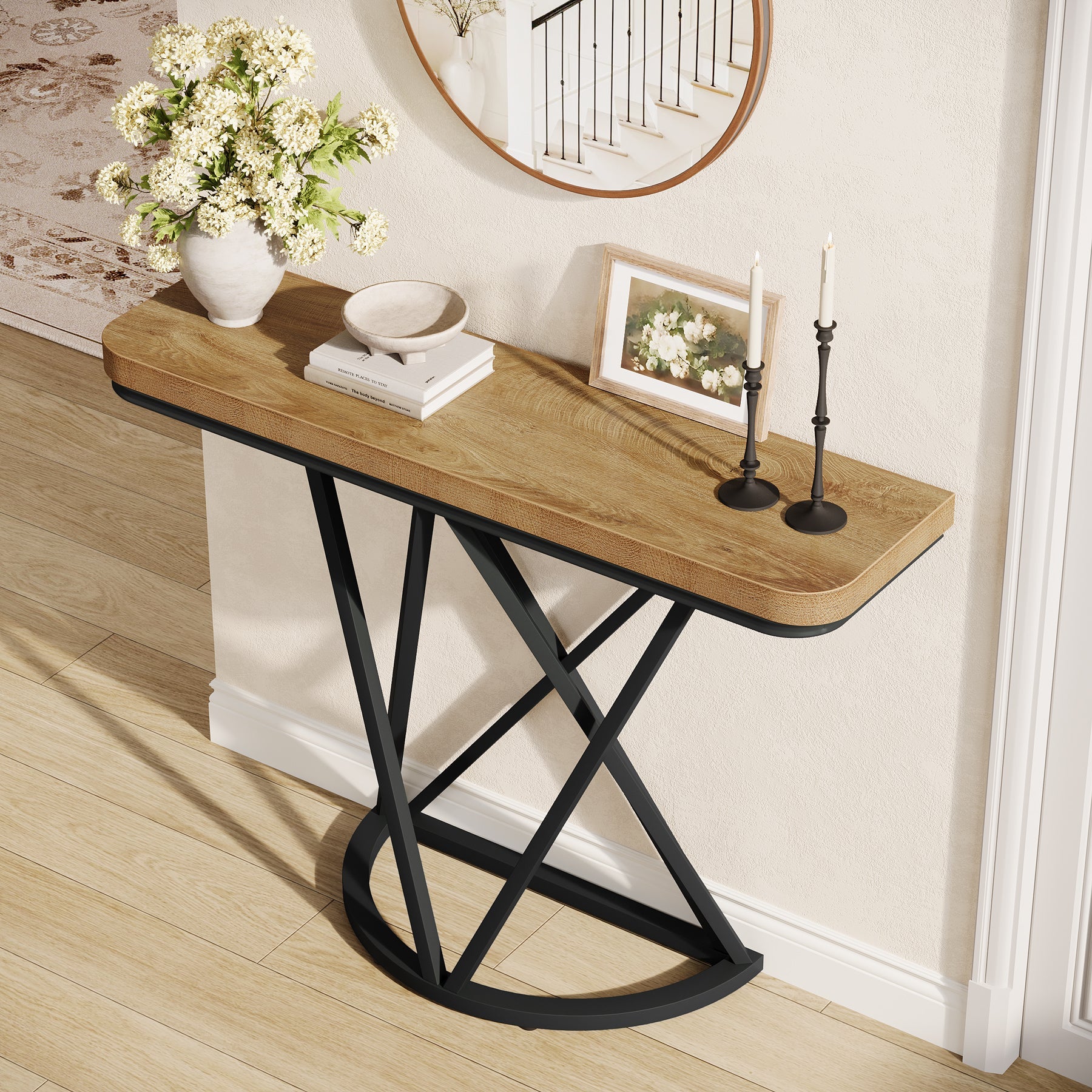 Tribesigns Consola industrial de 105 cm, Mesa de entrada estrecha con base metálica geométrica