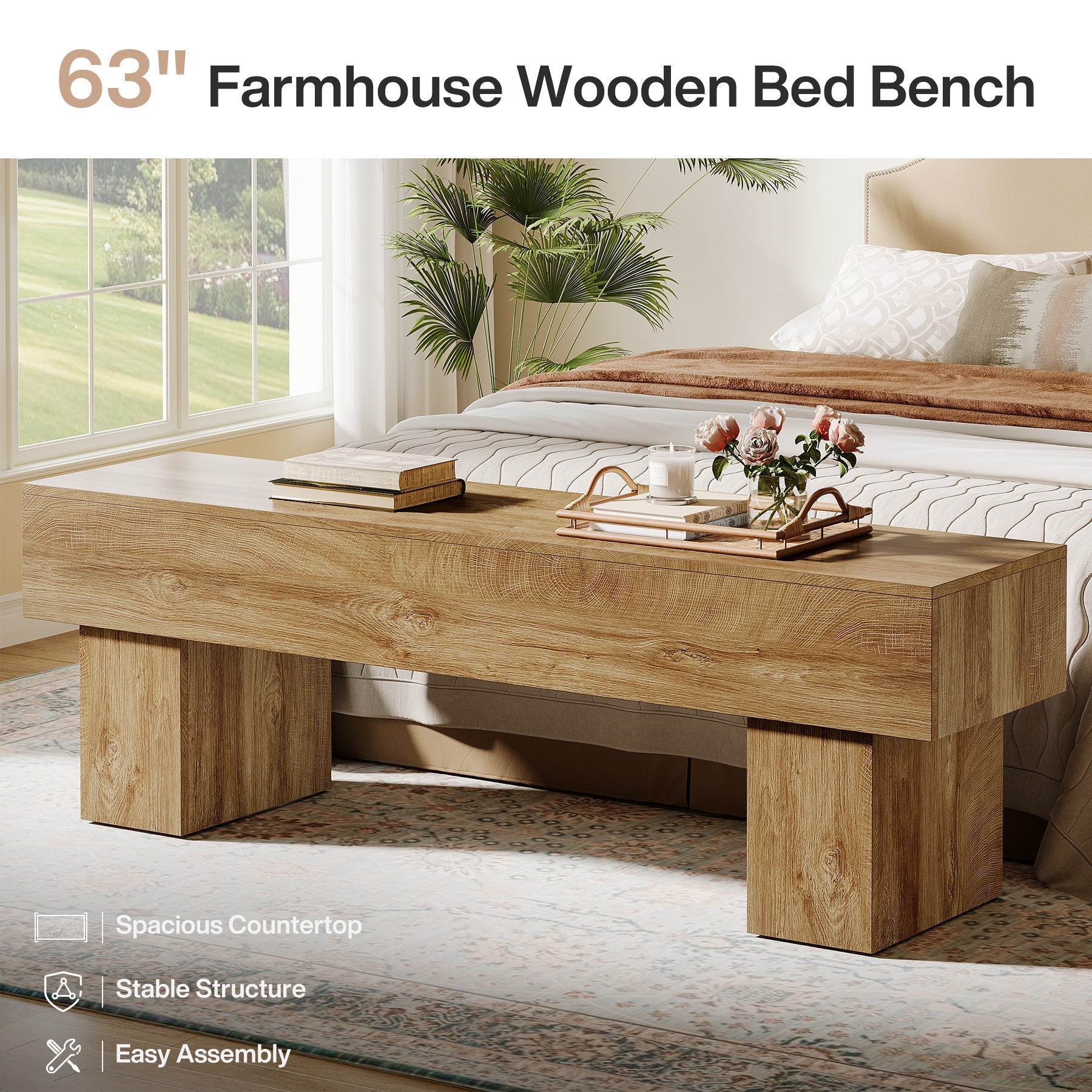 Tribesigns Banco de dormitorio extra largo de 160 cm, Banco rústico de madera para dormitorio