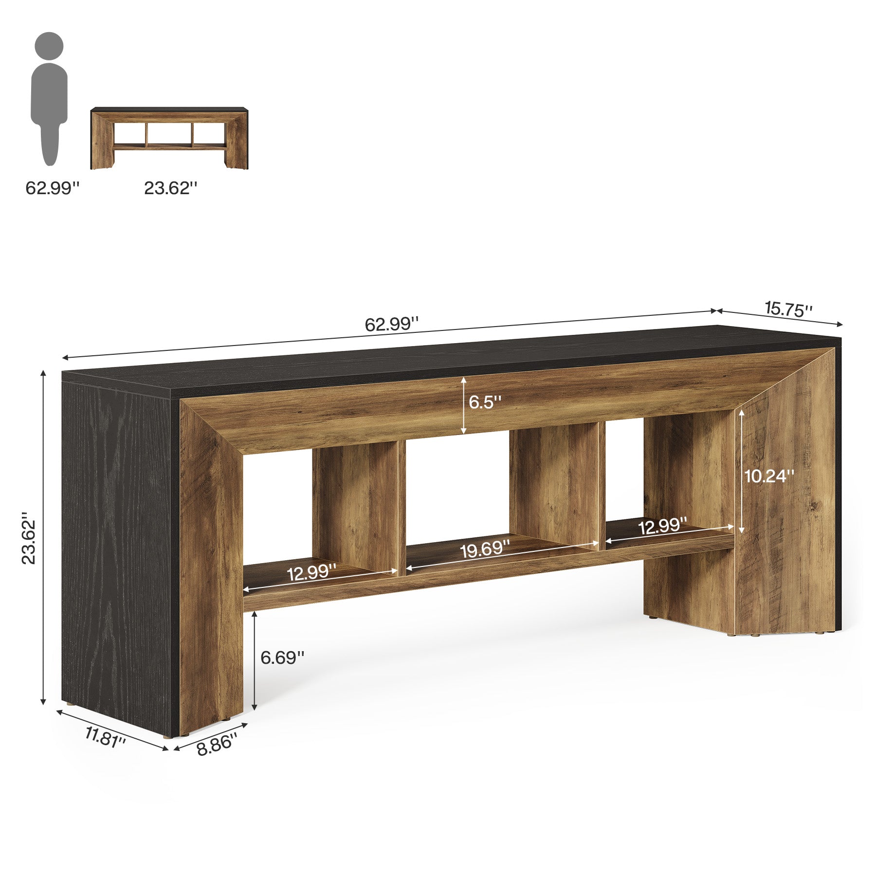 Mueble para TV de 160 cm, Mueble multimedia de 3 compartimentos para salón