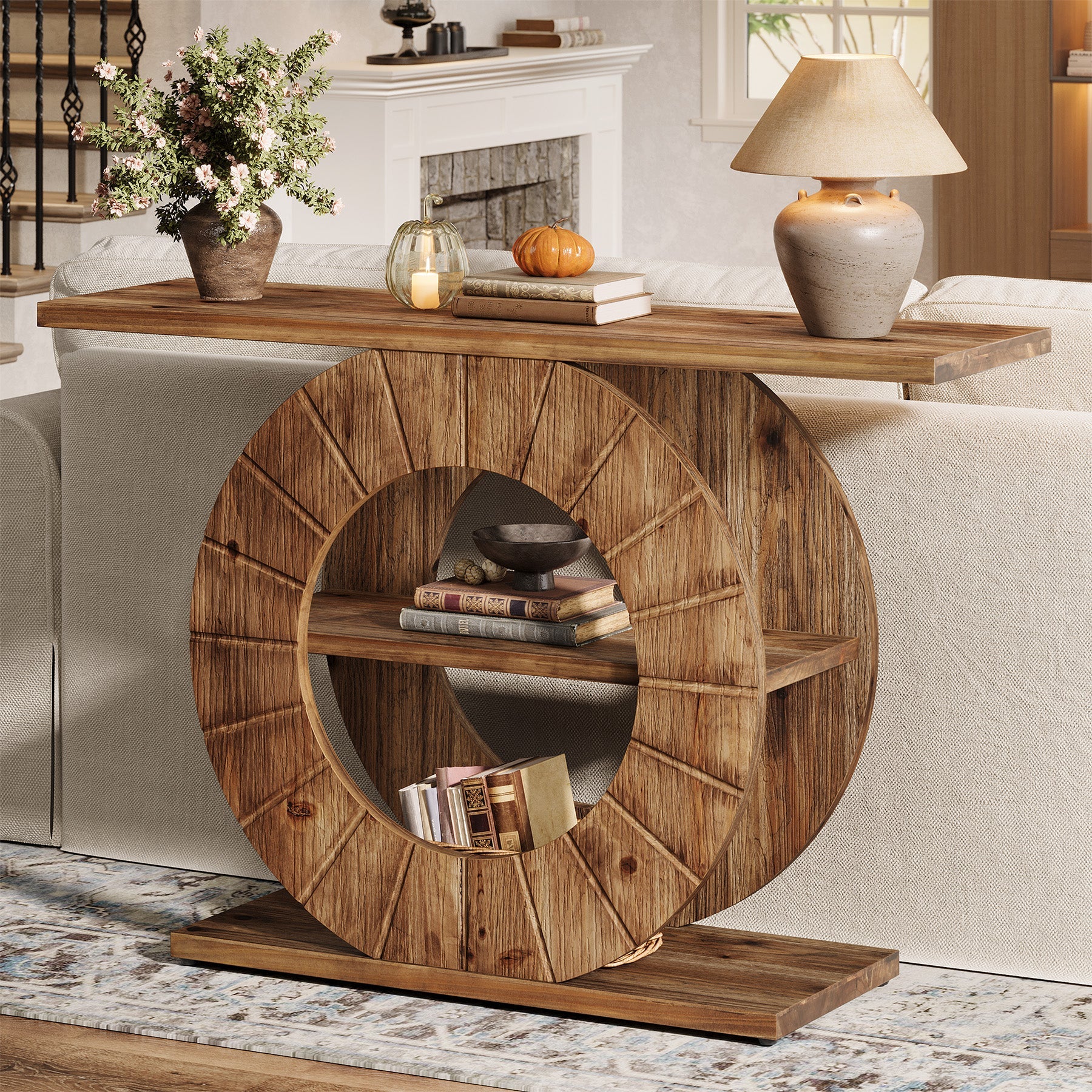 Tribesigns Consola de madera maciza de 105 cm con 3 estantes, Consola estrecha para pasillo de estilo rústico