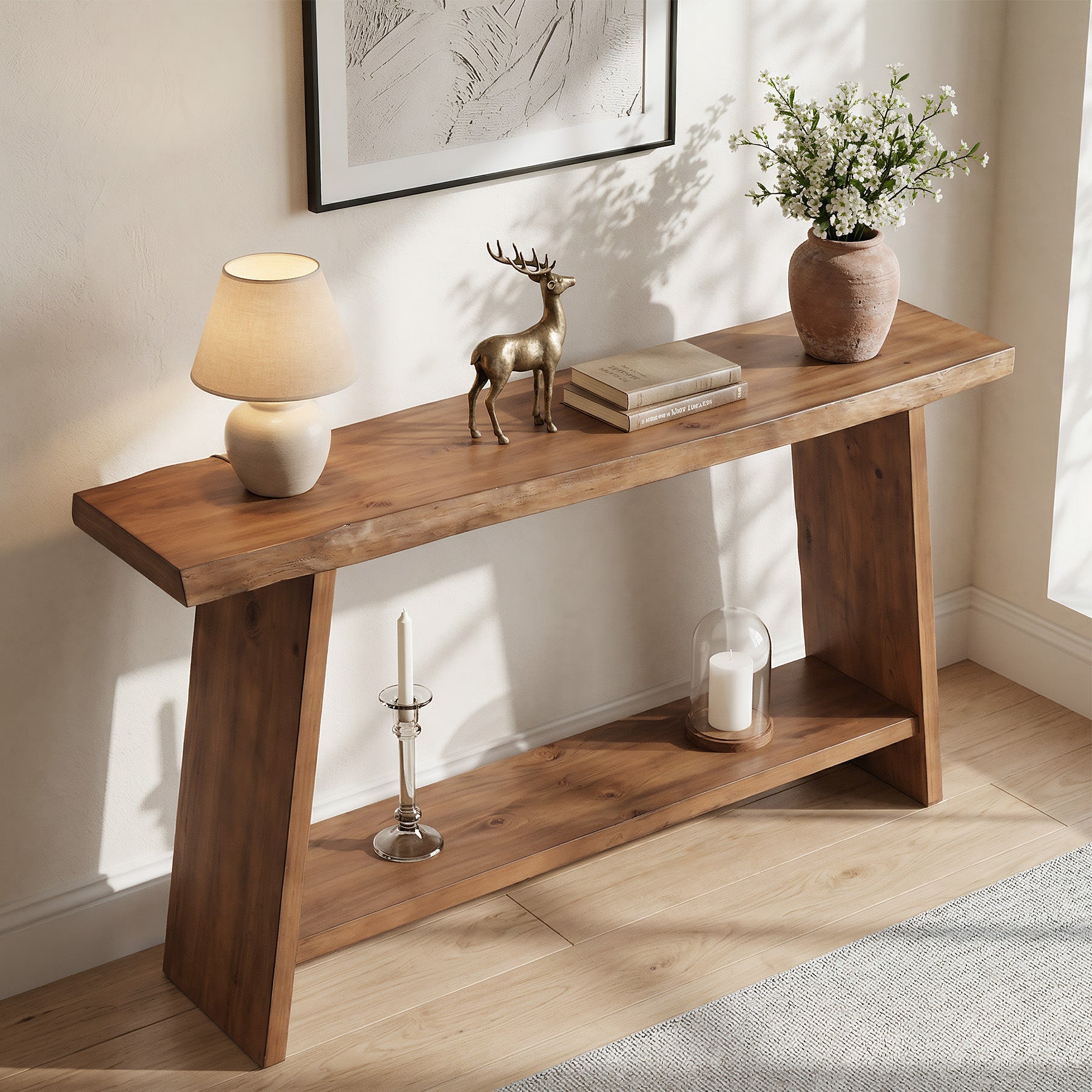 Tribesigns Mesa consola de madera maciza de 160 cm, Mesa auxiliar de dos niveles para el recibidor