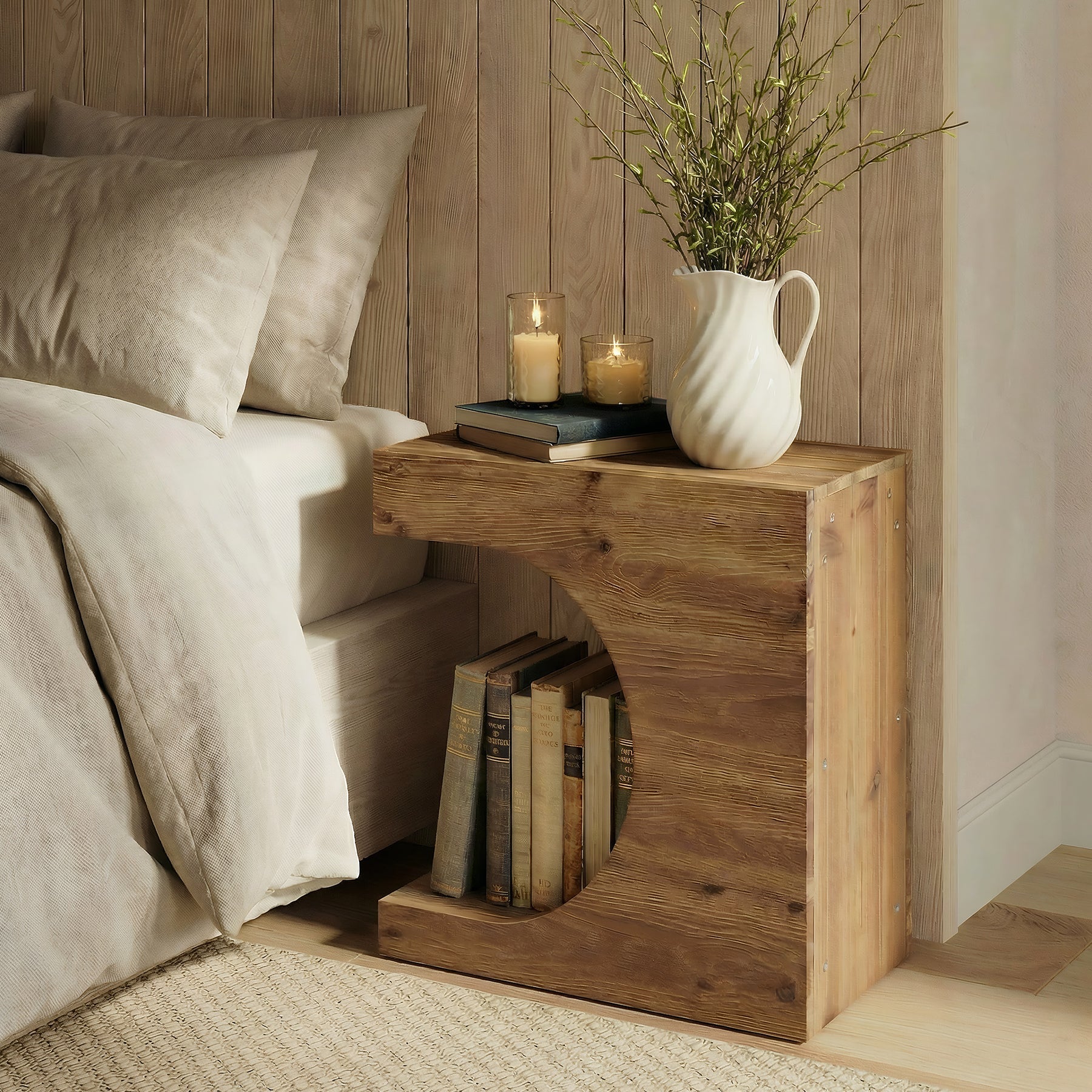 Tribesigns Mesita auxiliar en forma de C de madera maciza, Mesita de noche moderna con 2 estantes para sala de estar y dormitorio