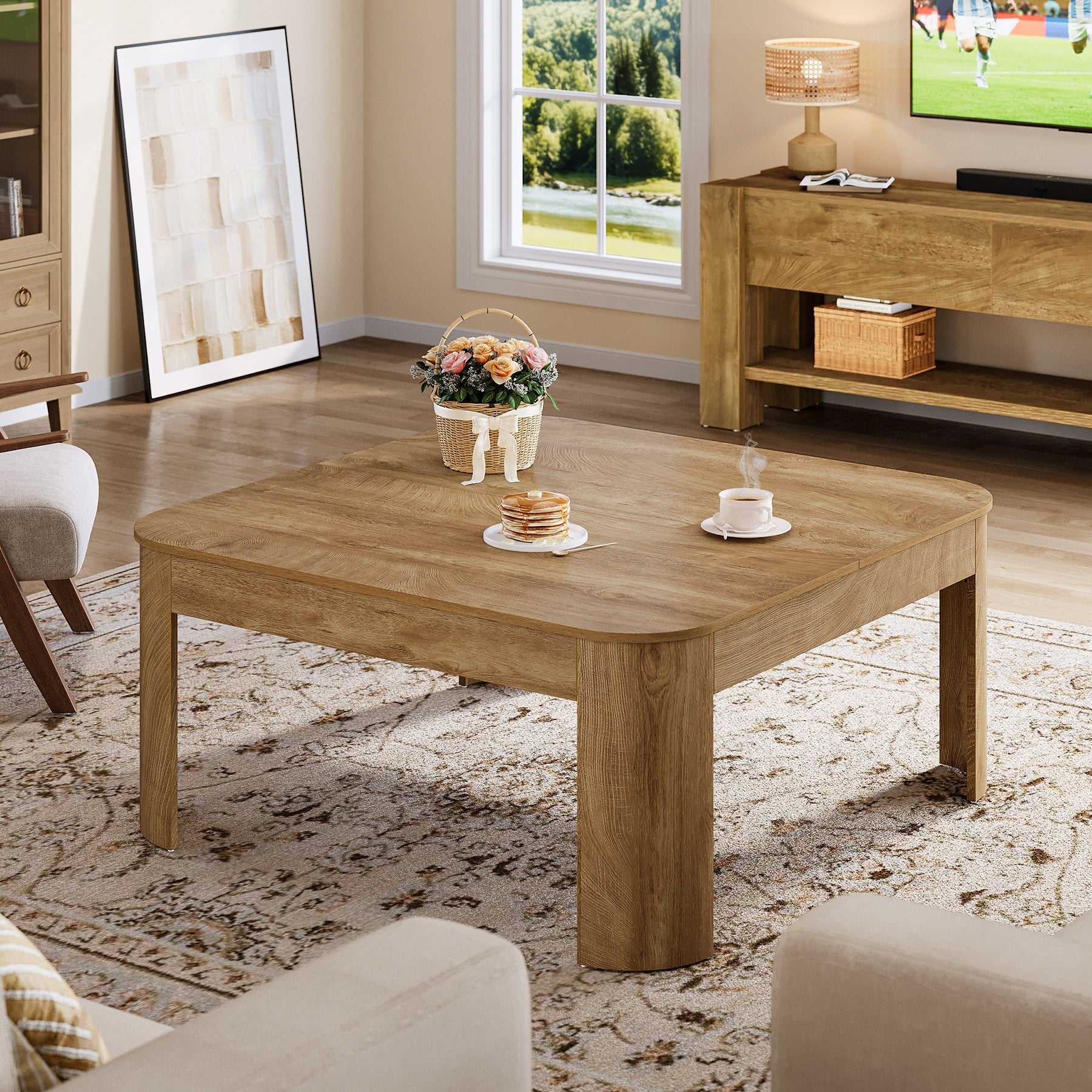 Tribesigns Mesa de centro cuadrada de 100 cm de estilo rústico, Mesa de salón con robustas patas curvas