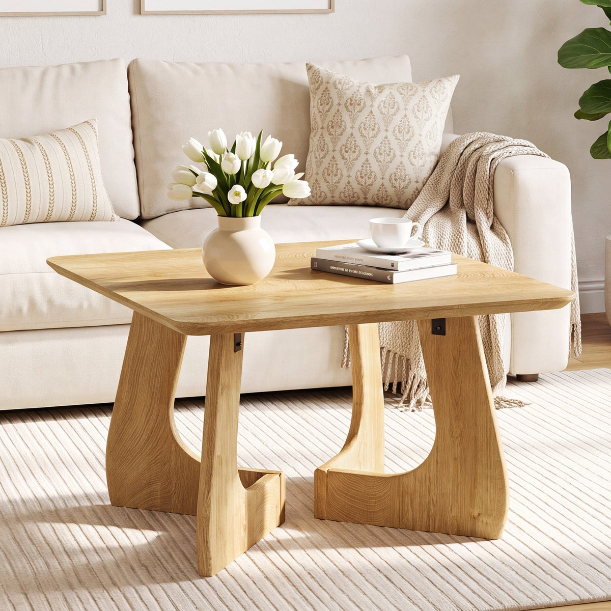 Tribesigns Mesa de centro cuadrada de 80 cm, Mesa de salón moderna con estructura de madera escultural