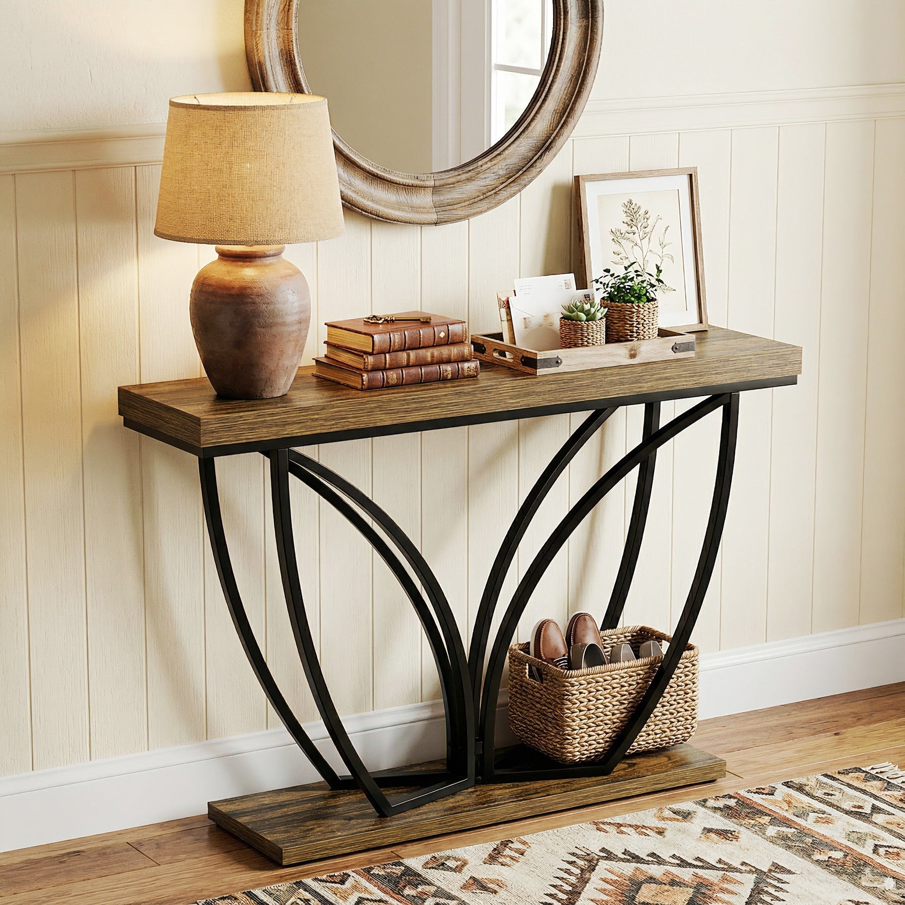 Tribesigns Consola industrial estrecha 105 cm, Color marrón rústico