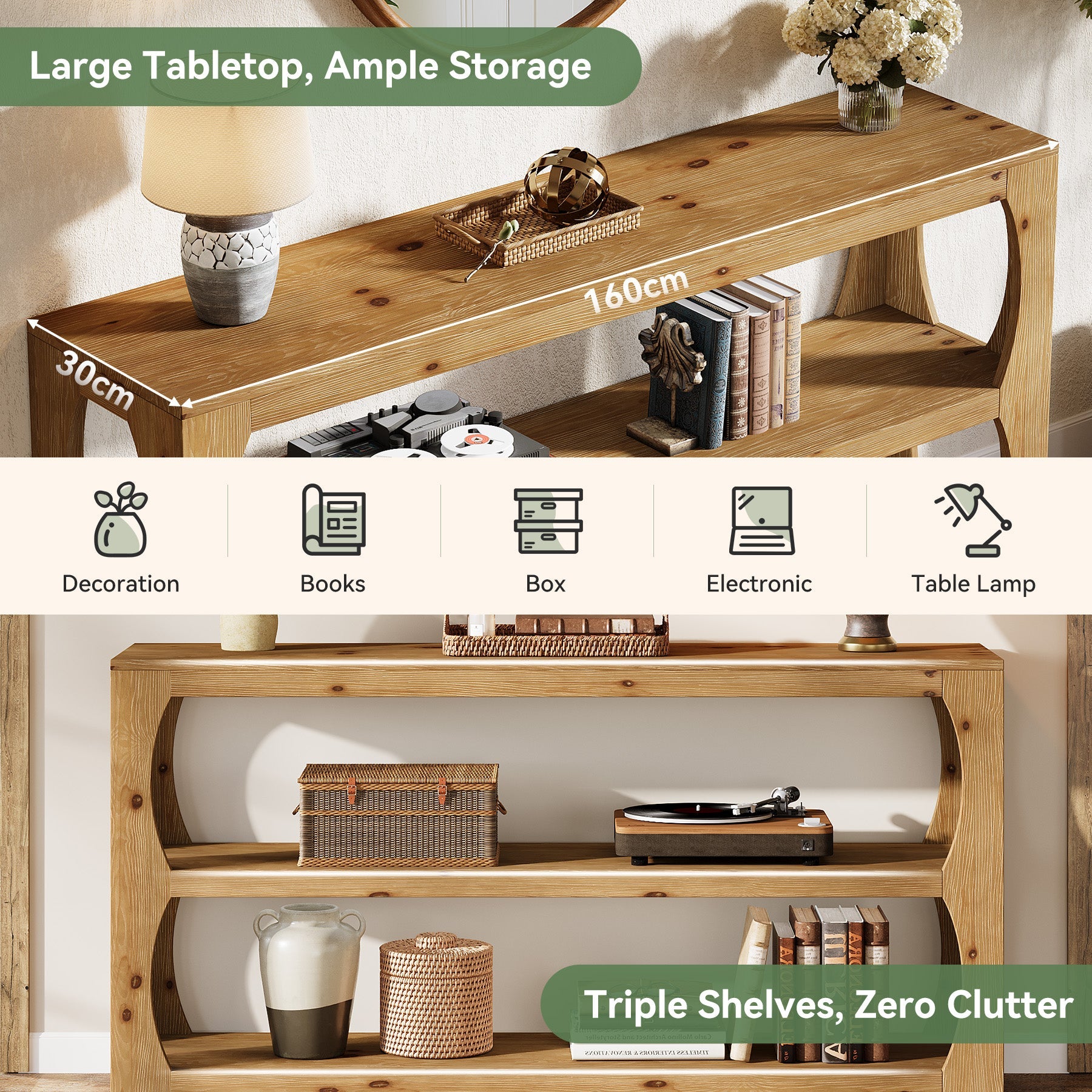 Tribesigns Mesa consola de 160 cm de madera maciza de abeto, Mesa de entrada estrecha con 3 estantes Estilo rústico para pasillo salón