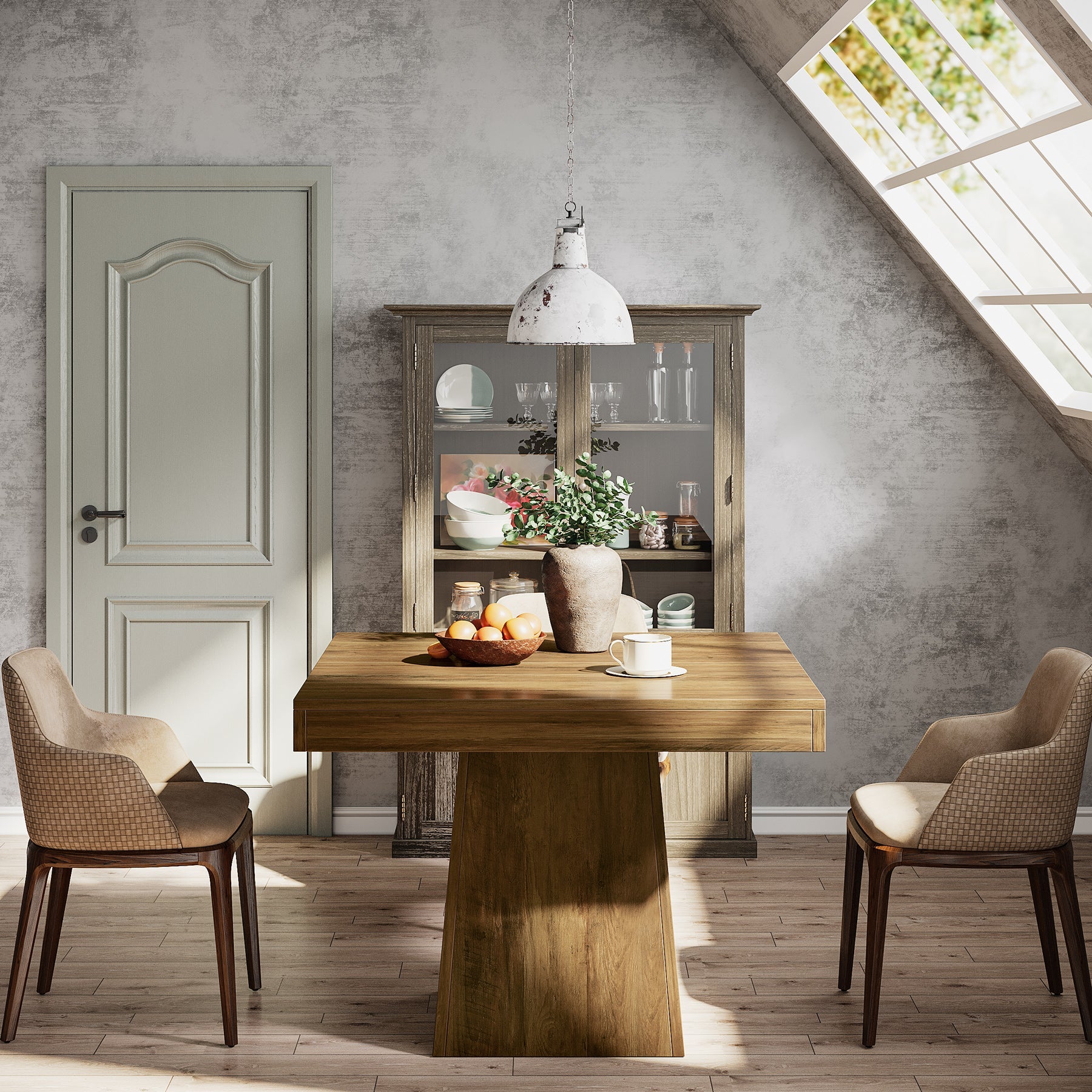 Tribesigns Mesa de comedor cuadrada de 80 cm para 4 personas, Estilo rústico con base de columna en color marrón