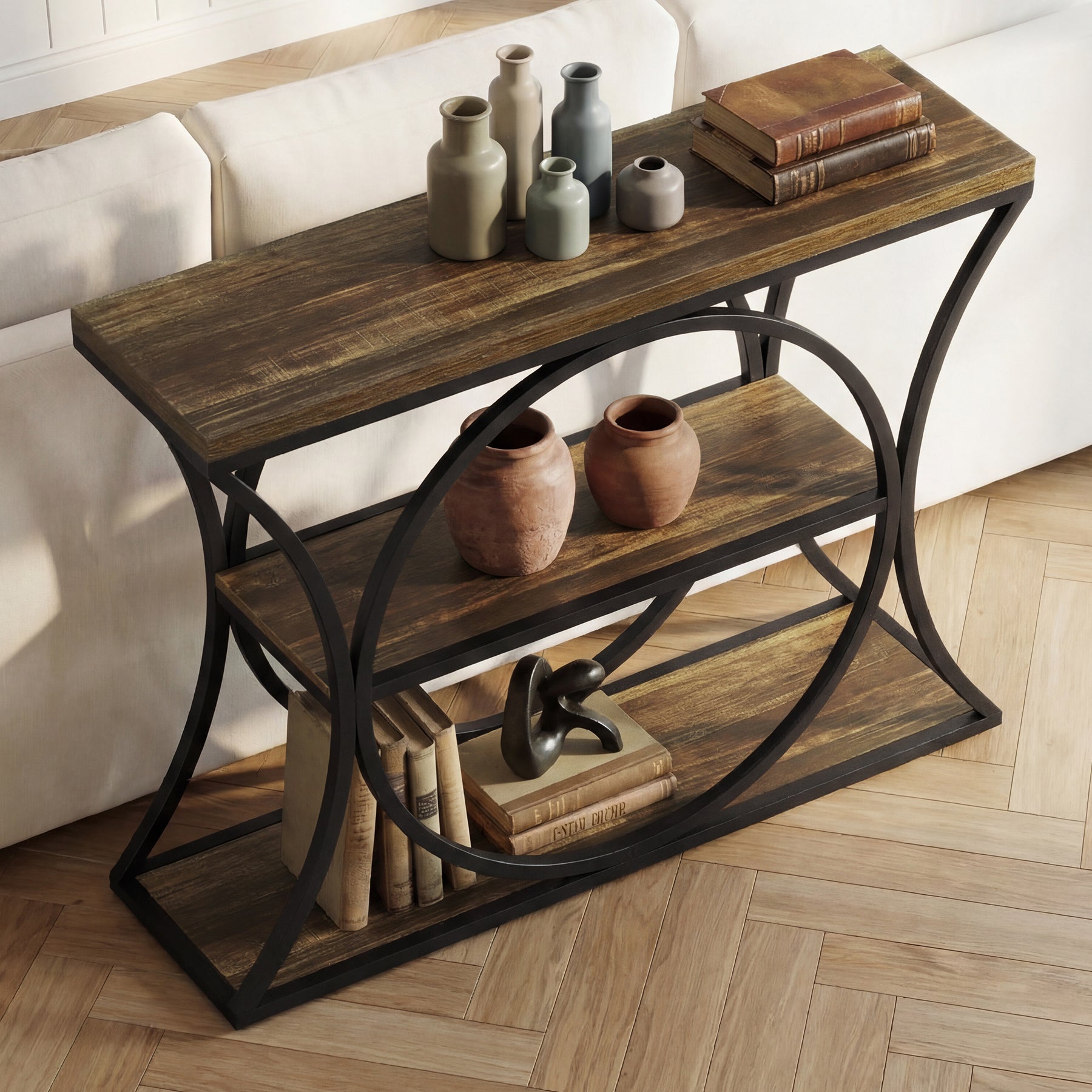 Tribesigns Mesa consola industrial de 105 cm, Mesa auxiliar de 3 niveles con estructura arqueada