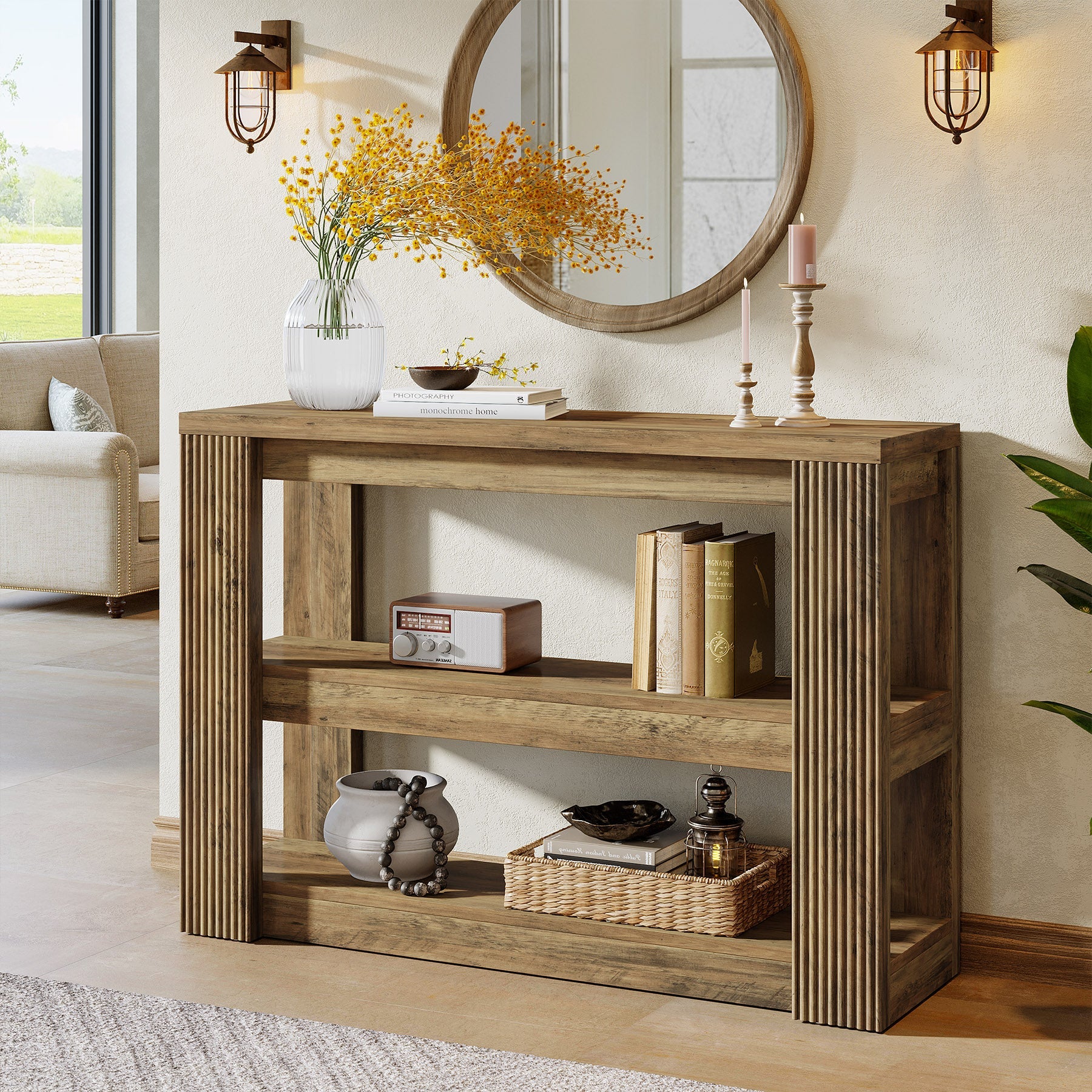 Tribesigns Consola estrecha de 105 cm, Mesa de recibidor de estilo rústico de 3 niveles con estantes