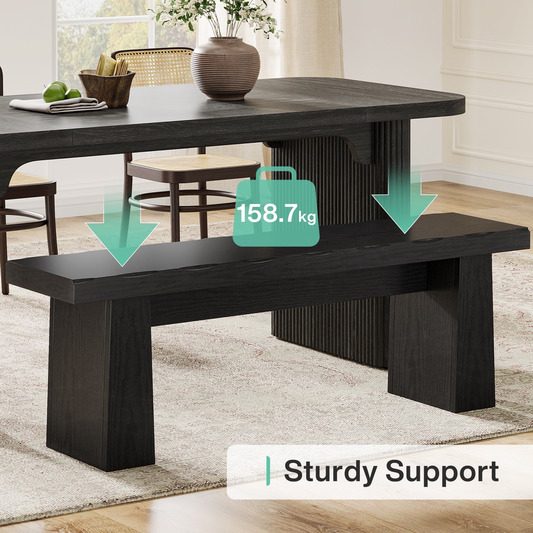 Banco negro de 120 cm, Banco de madera moderno, Banco de comedor versátil con diseño minimalista