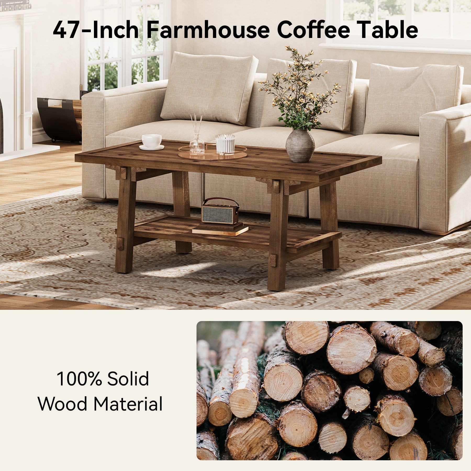Tribesigns Mesa de centro de madera maciza 120 cm, Mesa de salón rectangular de estilo rústico con 2 estantes