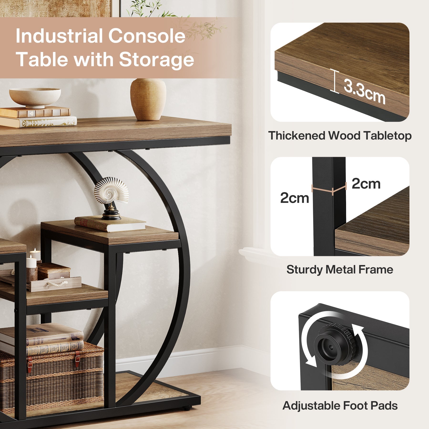 Tribesigns Mesa consola 105 cm de ancho con 4 estantes, Mesa auxiliar de estilo industrial con marco curvo