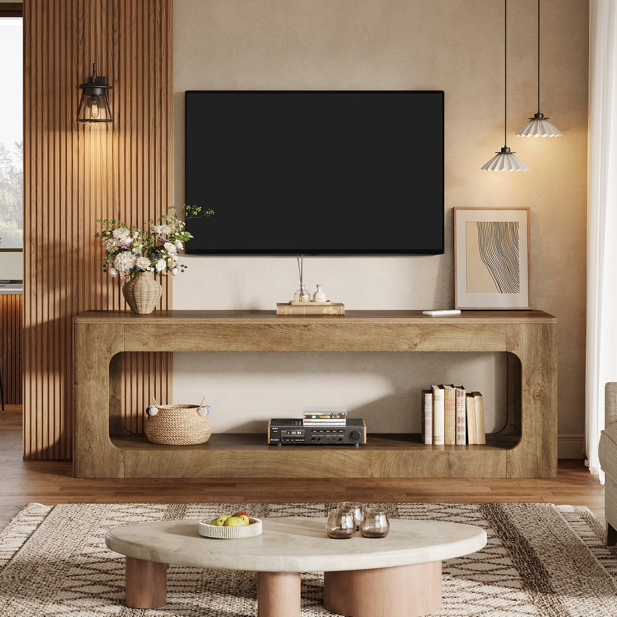 Tribesigns Mueble bajo para TV de 160 cm estilo casa de campo, Mueble para televisores de 55 a 75 pulgadas con 2 niveles