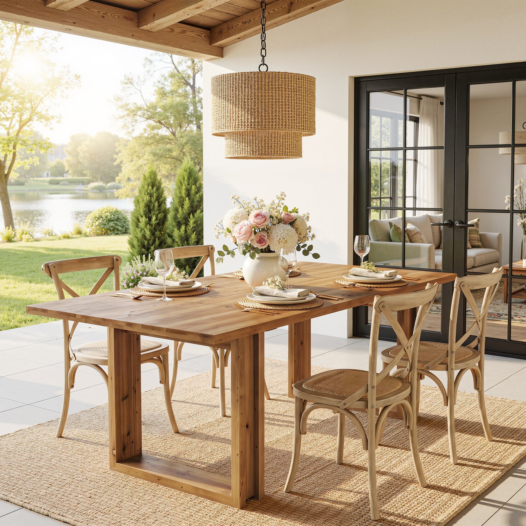 Mesa de comedor de madera maciza de 160 cm para 4-6 personas, Mesa de cocina rectangular de estilo rústico con patas robustas