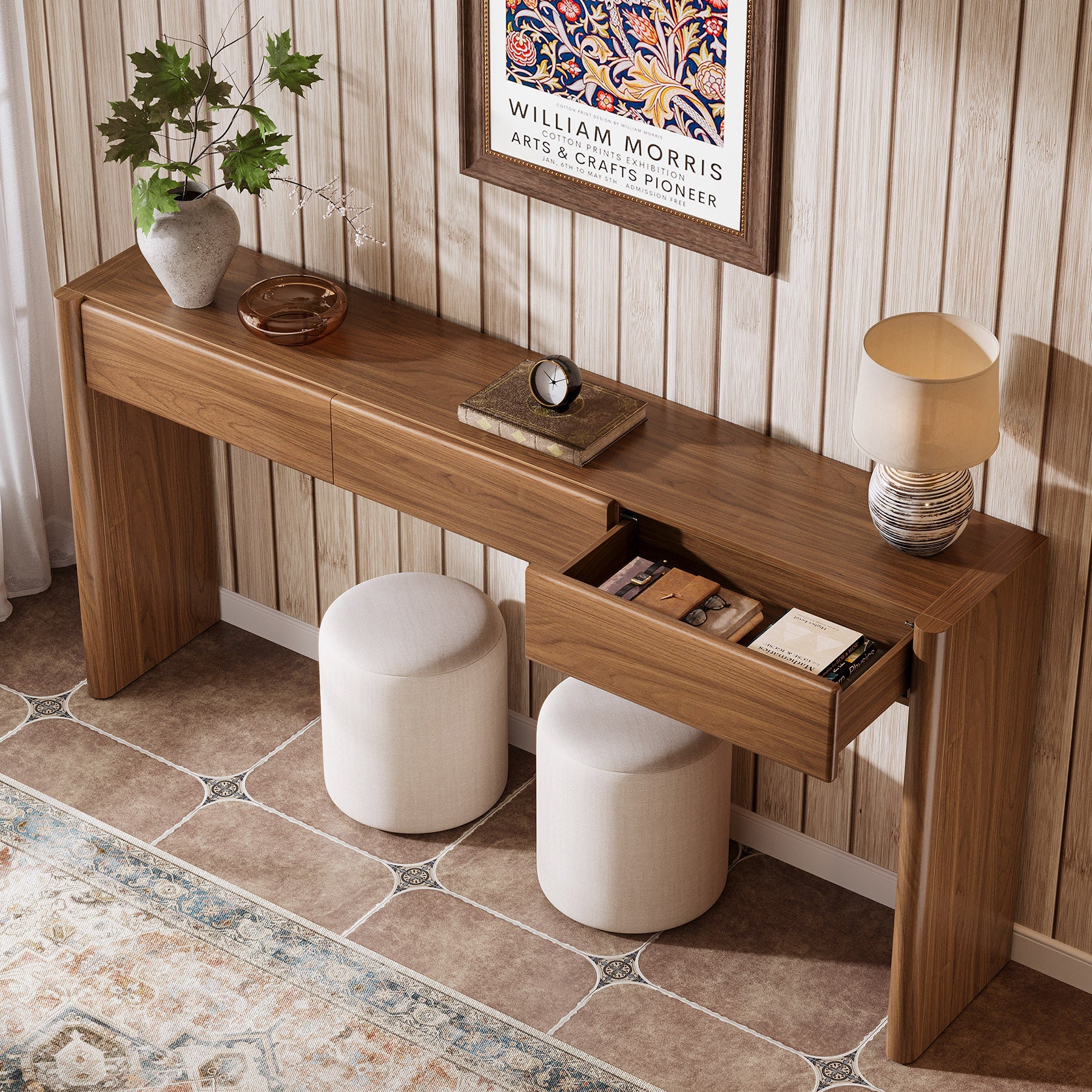 Tribesigns Consola de 180 cm con 3 cajones, Mesa estrecha para recibidor en marrón vintage Mesa auxiliar de madera con estante