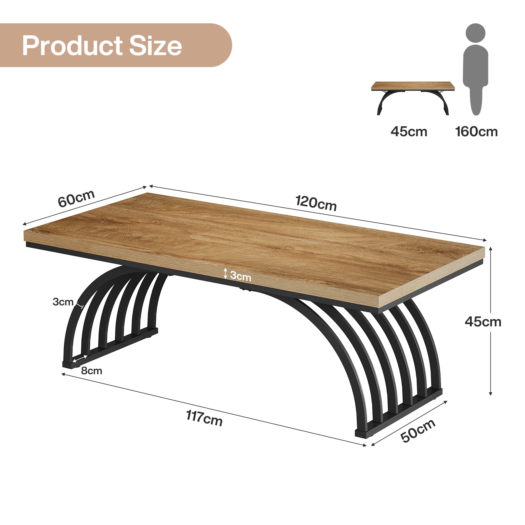 Tribesigns Mesa de centro de 120 cm, Mesa de centro industrial con patas metálicas Mesa auxiliar moderna de madera