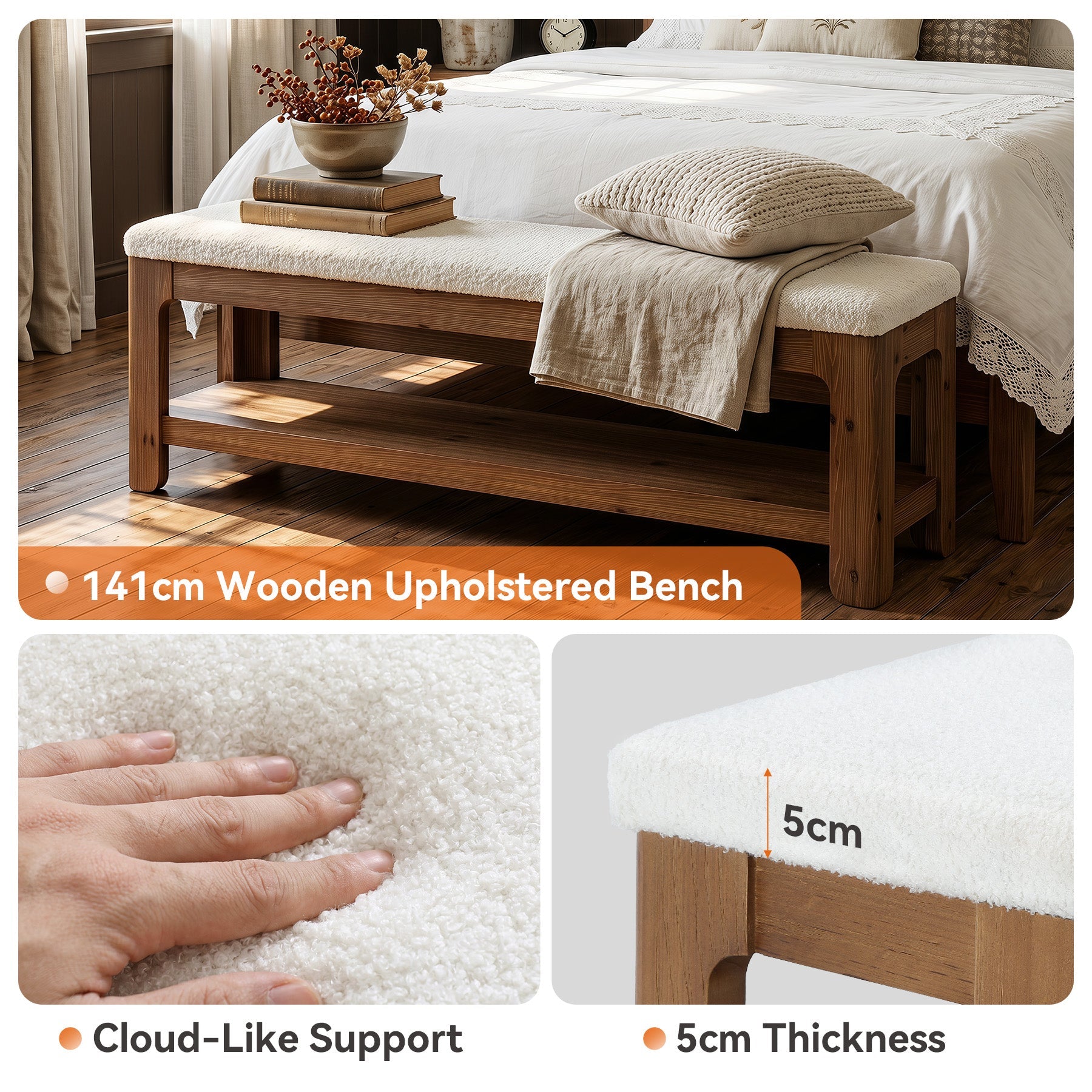 Tribesigns Banco tapizado de 140 cm, fabricado en madera maciza, ideal para recibidor, con estante de almacenamiento y asiento de felpa