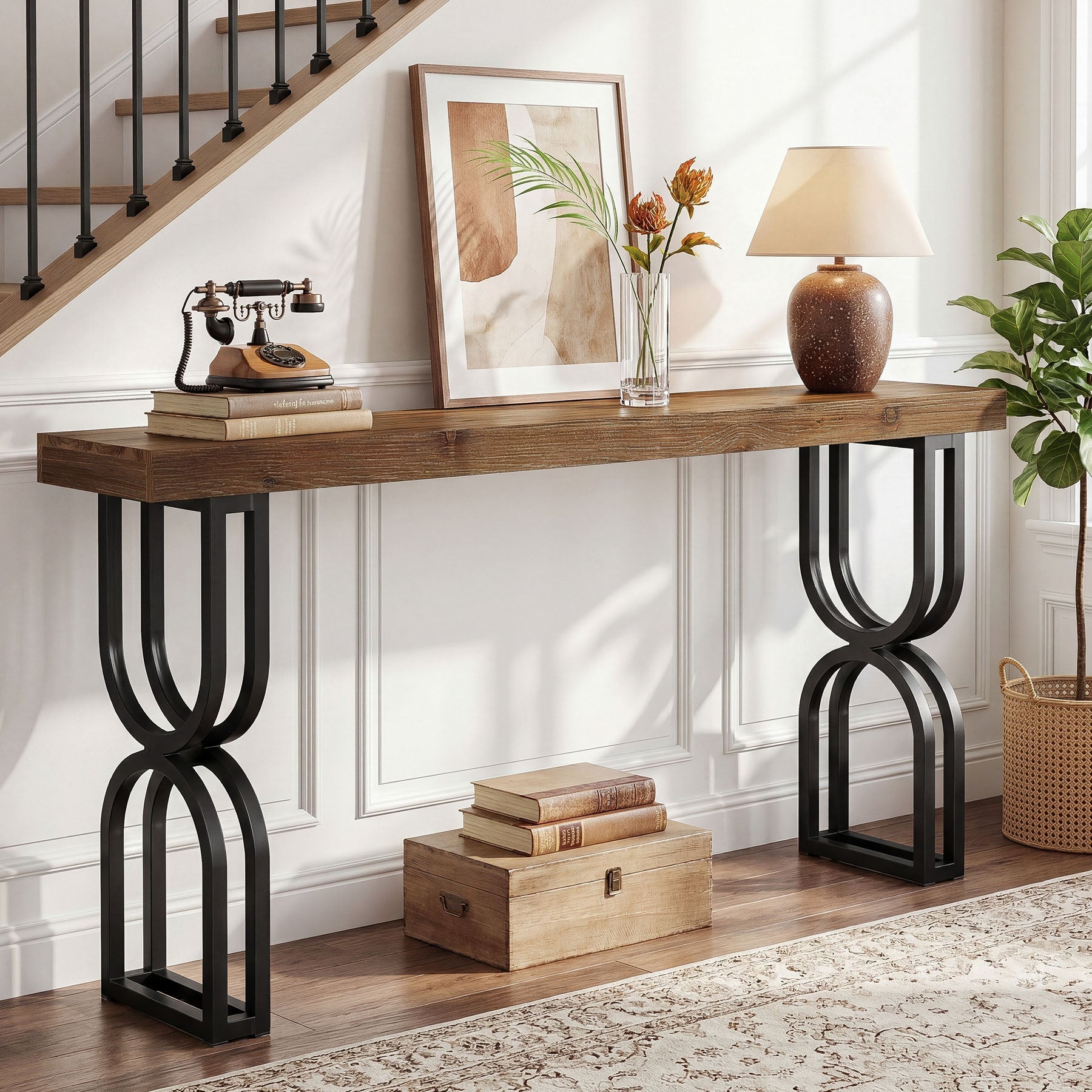 Tribesigns Mesa consola de madera maciza de 150 cm con patas metálicas en forma de U para recibidor